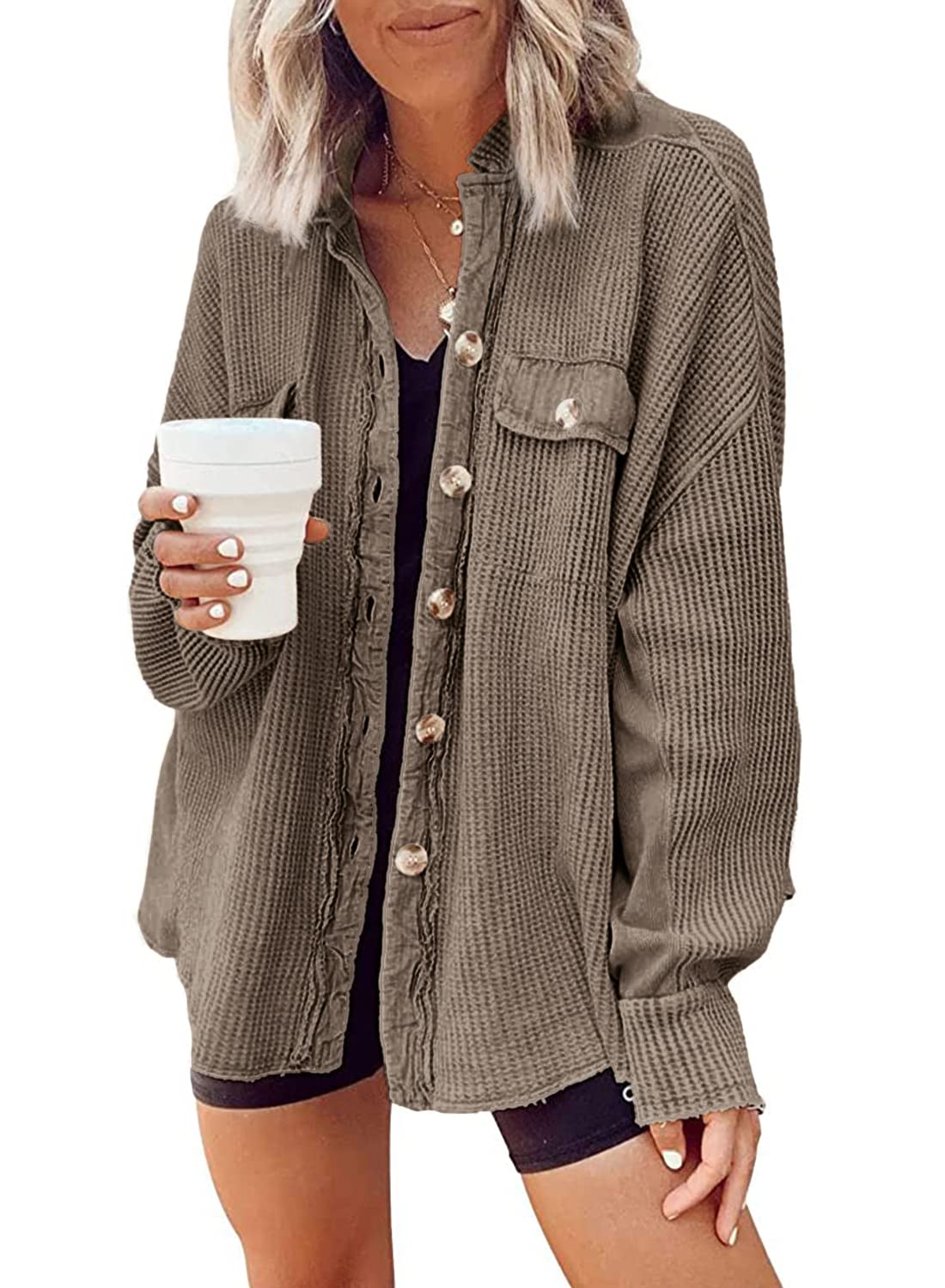 Nirovien Women's Waffle Knit Shacket - Oversized Button Down Shirt Jacket for Women | Lightweight Spring Outfits & Clothes | Perfect for Casual Wear, Layering, and Outdoor Activities