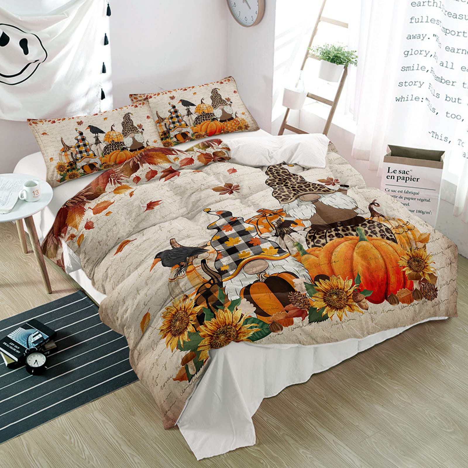Vintage Cute Dwarf & Halloween Crow Fall Leaf 3-Piece Duvet Cover Set - Soft Microfiber Comforter Cover with 2 Pillowcases - Farmhouse Pumpkin Theme - Perfect for Autumn Bedroom Decor & Cozy Fall Nights
