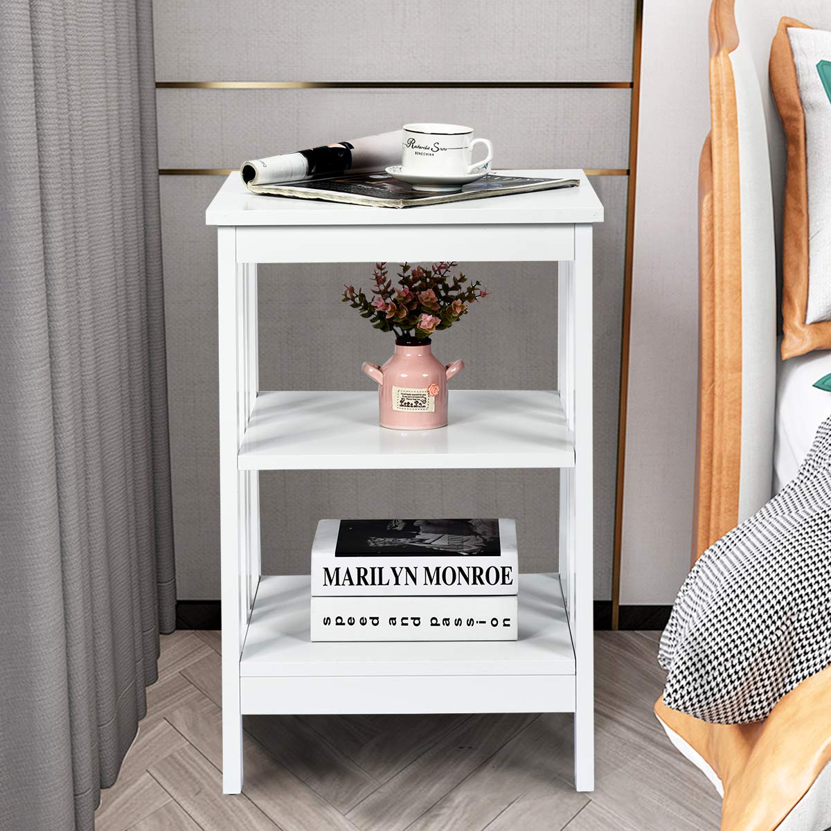 Giantex 3-Tier Nightstand Set of 2, Modern Bedside Table with Storage Shelves & Reinforced Metal Frame, Wooden End Table for Bedroom, Living Room - Easy Assembly, White - Perfect for Small Spaces, Apartment & Dorm Room Organization
