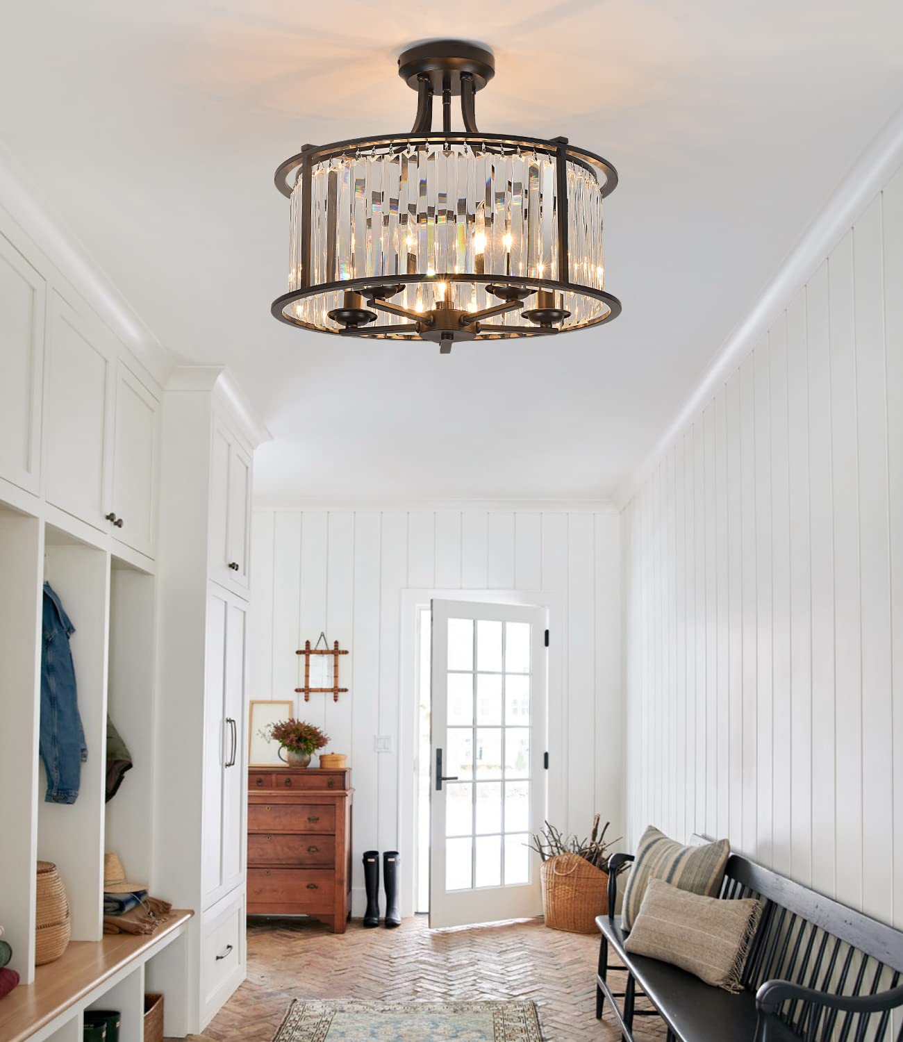 5-Light Black Semi Flush Mount Crystal Chandelier - Modern Metal Ceiling Light Fixture for Living Room, Dining Room, Kitchen, Bedroom, Foyer & Hallway - 19.69