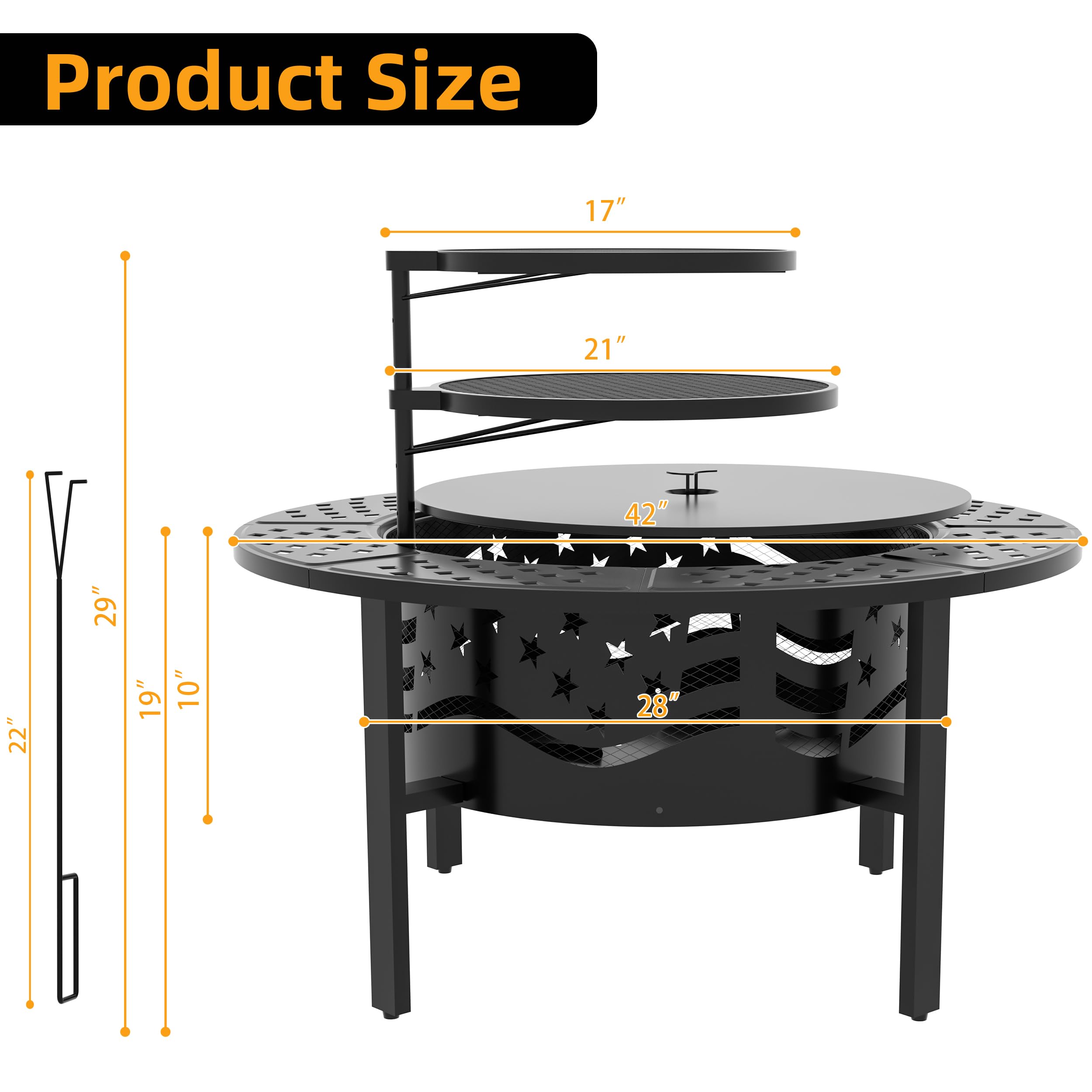 PrimeZone 42 Inch Large Outdoor Fire Pit with 2 Grills & Cover - Heavy Duty Steel Wood Burning Fire Pit for Backyard, Patio, Camping - Perfect for Bonfires, Picnics, and Outdoor Gatherings