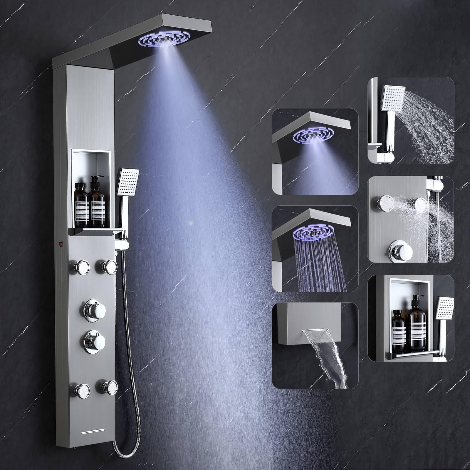 ROVOGO Luxury Shower Panel Tower System with Shelf - Rainfall & Mist Shower Head with LED Lights, 6 Body Jets, Handheld Sprayer & Tub Spout - Brushed Stainless Steel Shower Column with Mixer Valve - Perfect for Spa-Like Bathroom Renovation & Modern Home Upgrade