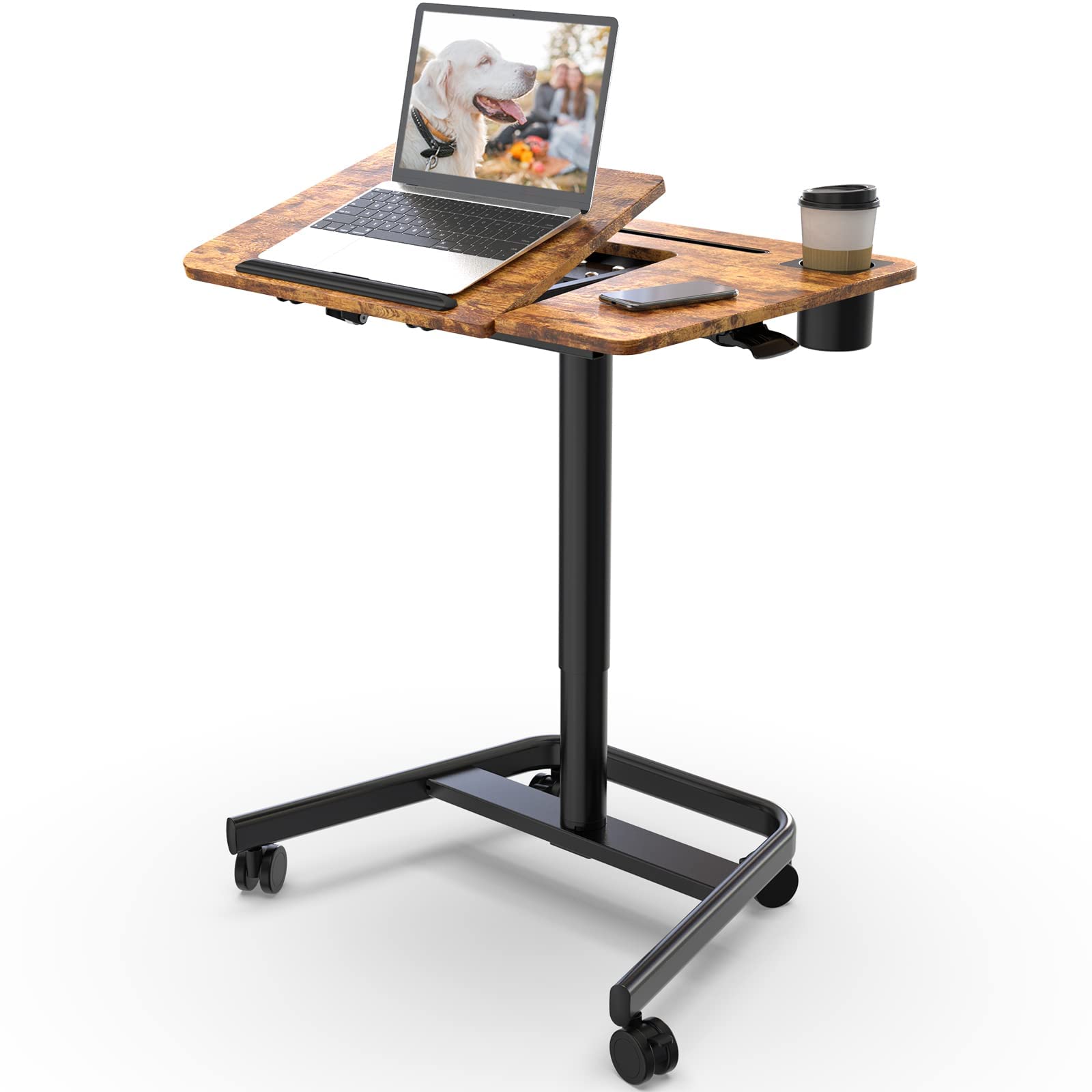 JOYworker Adjustable Mobile Standing Desk - Portable Sit Stand Workstation with Wheels, 60° Tilt & Cup Holder - Height Adjustable Laptop Table for Home Office, Bed, Couch & Hospital Use (22lbs Capacity, Rustic Finish) - Perfect for Remote Work, Nursing & Small Space Living