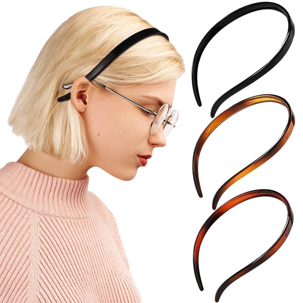 BIKCZEWIN 3 Pack Non-Slip Headbands for Women & Girls - Comfortable No Pressure Hair Bands with Teeth Comb for Glasses Wearers, Plastic Hair Loops for Sports, Workouts, Yoga & Daily Use