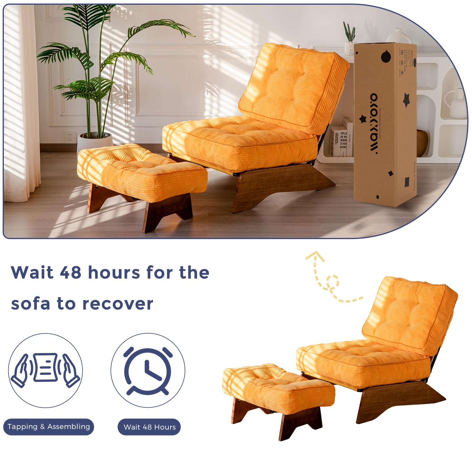 MAXYOYO Adjustable Accent Chair with Ottoman Set - Tufted Lounge Chair for Living Room, Bedroom & Office - Comfortable Modern Recliner in Orange - Perfect for Relaxing, Reading & Entertaining Guests