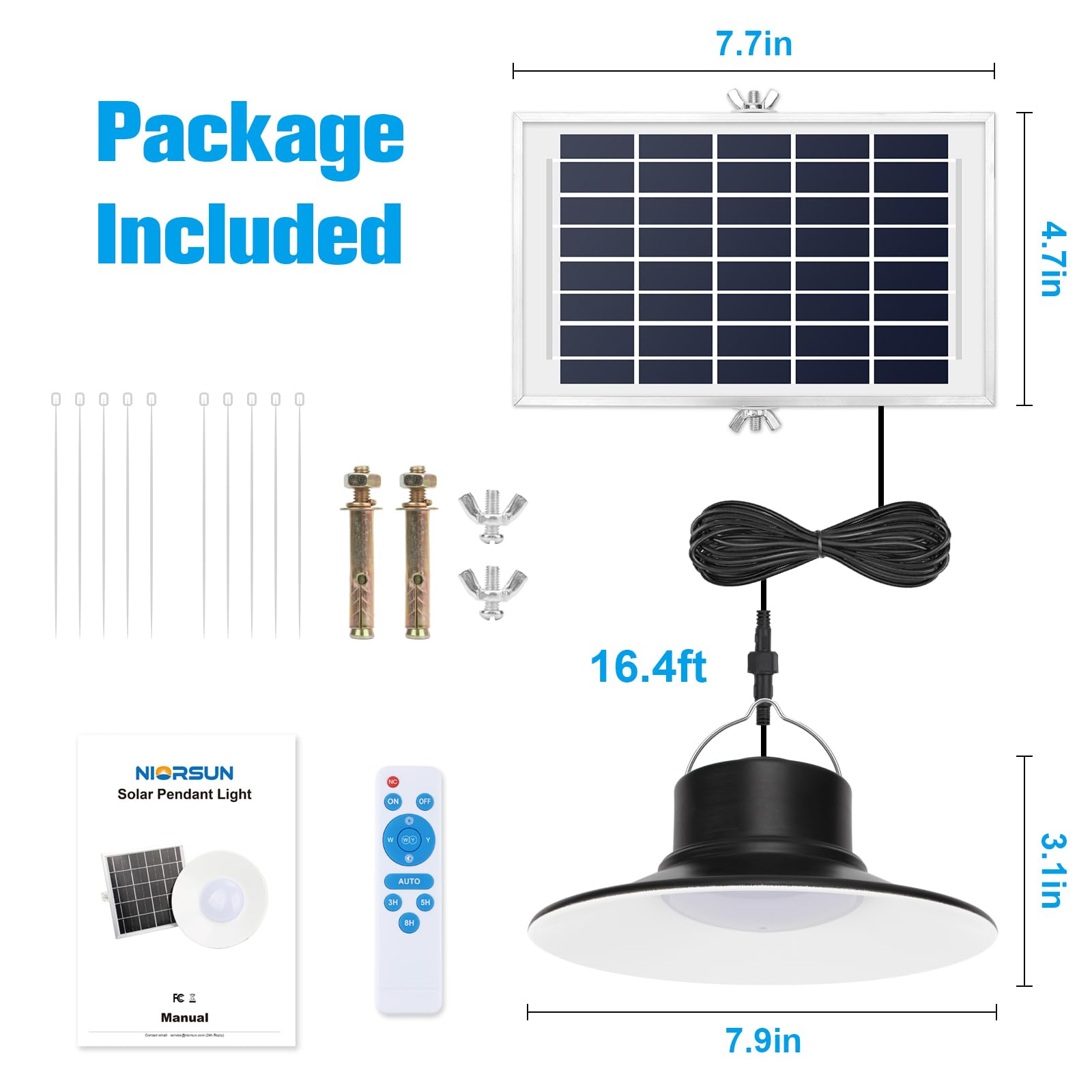 NIORSUN Solar Lights Outdoor, LED Solar Pendant Light 3000K|4000K|5000K Dimmable with Remote Control, 16.4ft Cable IP66 Waterproof - Perfect for Patio, Garage, Camping, Chicken Coop, Shed, Barn & Outdoor Decor