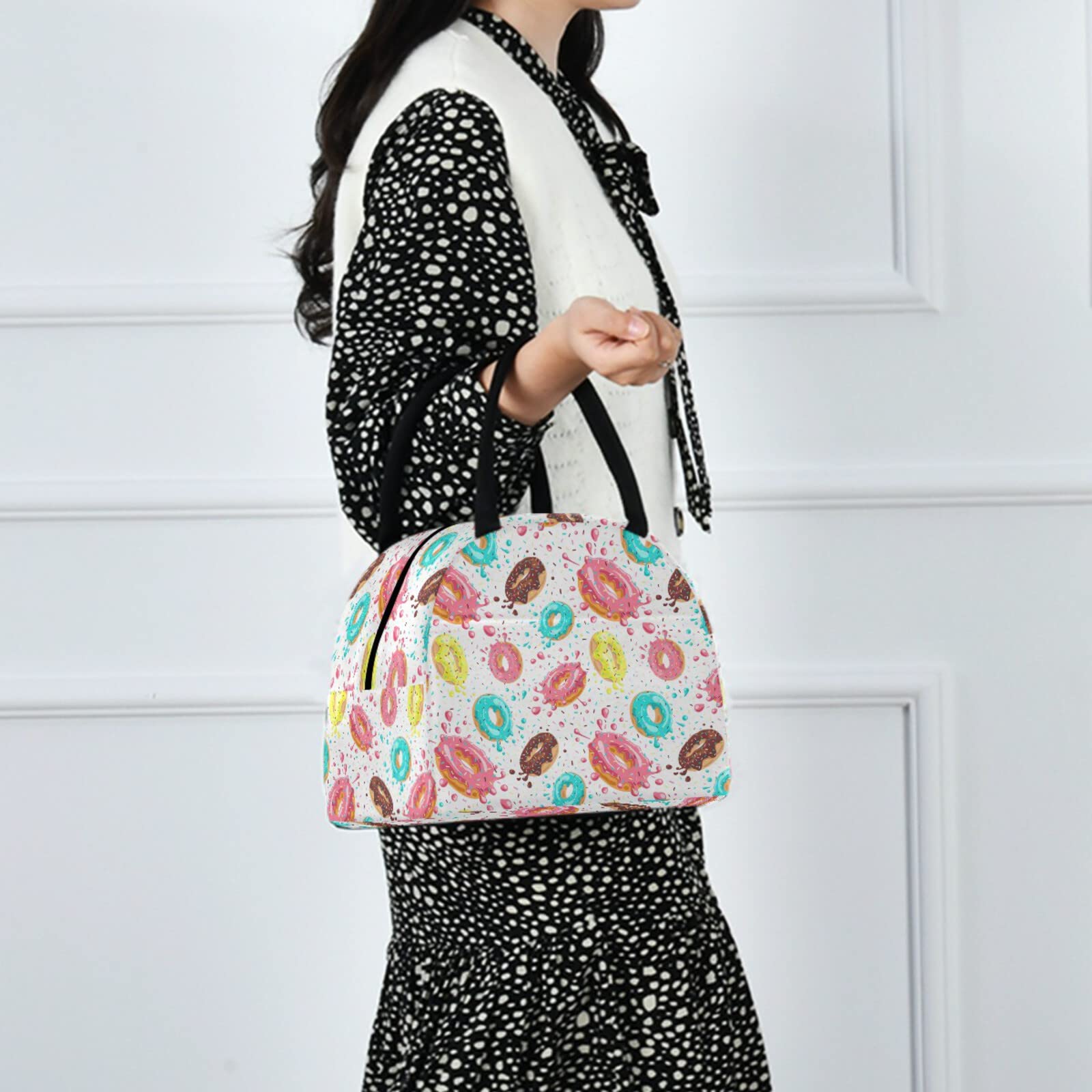 Colorful Splashed Donuts Insulated Lunch Tote Bag with Front Zipper Pocket - Reusable Cooler Container for Work, Picnic, Beach & Fishing - Perfect for Men & Women