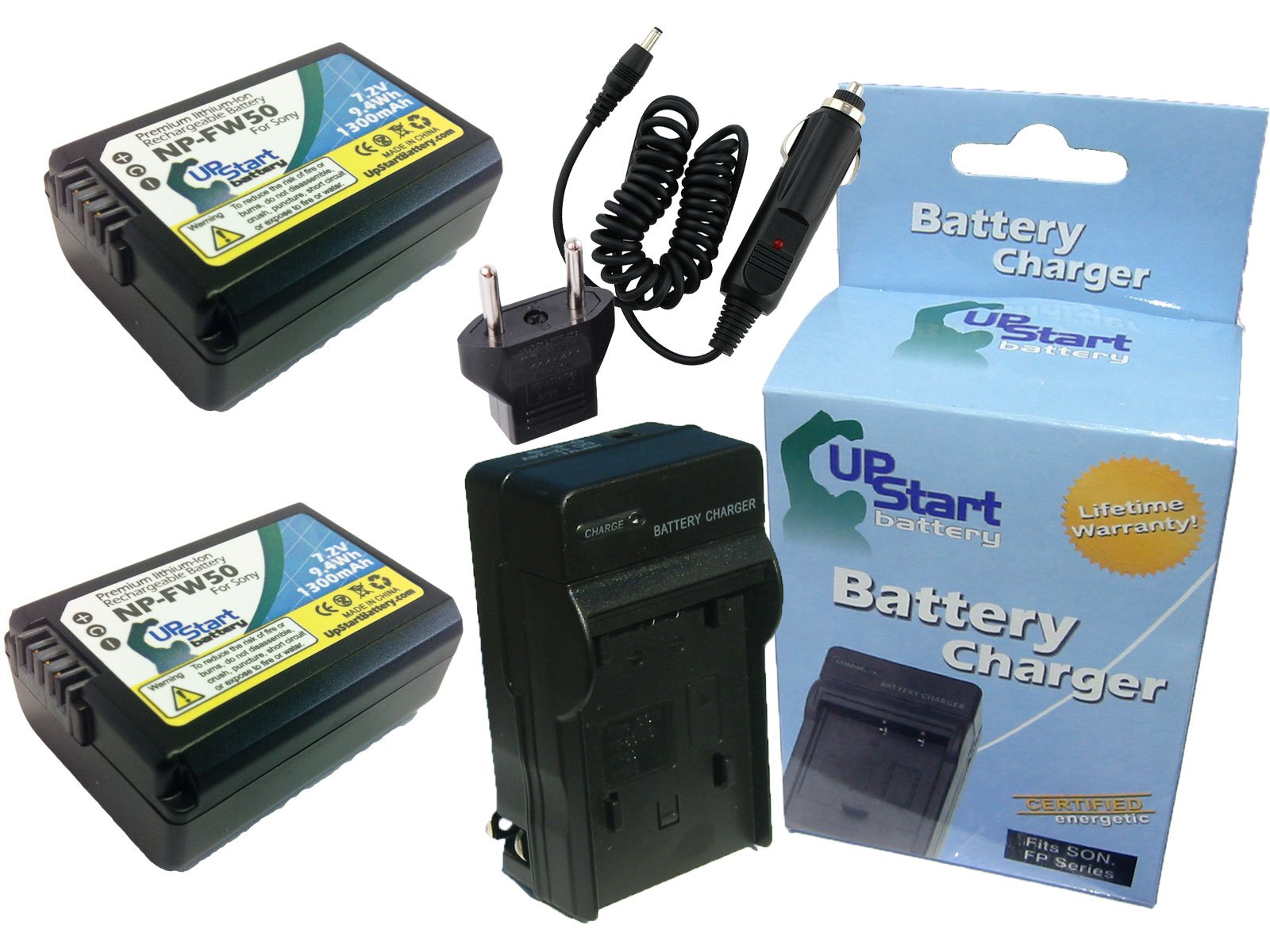 2 Pack Replacement Sony NEX-7 Battery & Charger Kit with Car/EU Adapters - Compatible with NP-FW50 Digital Camera (1300mAh 7.2V Li-ion) - Perfect for Travel, Vlogging & Professional Photography