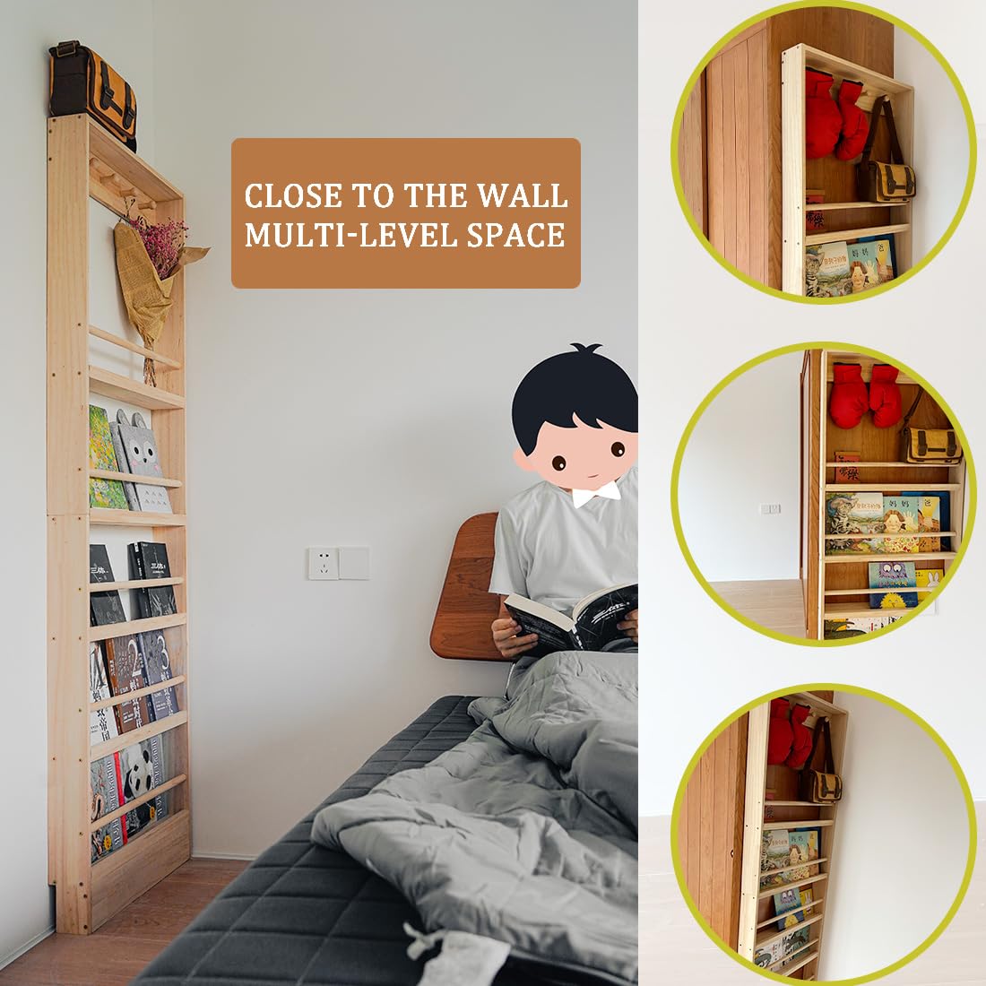 Wooden Kids Bookshelf with Wall Mount & Hooks - Space Saving Books and Toys Organizer for Nursery, Playroom & Bedroom - Perfect for Storybooks, Stuffed Animals & Room Decor