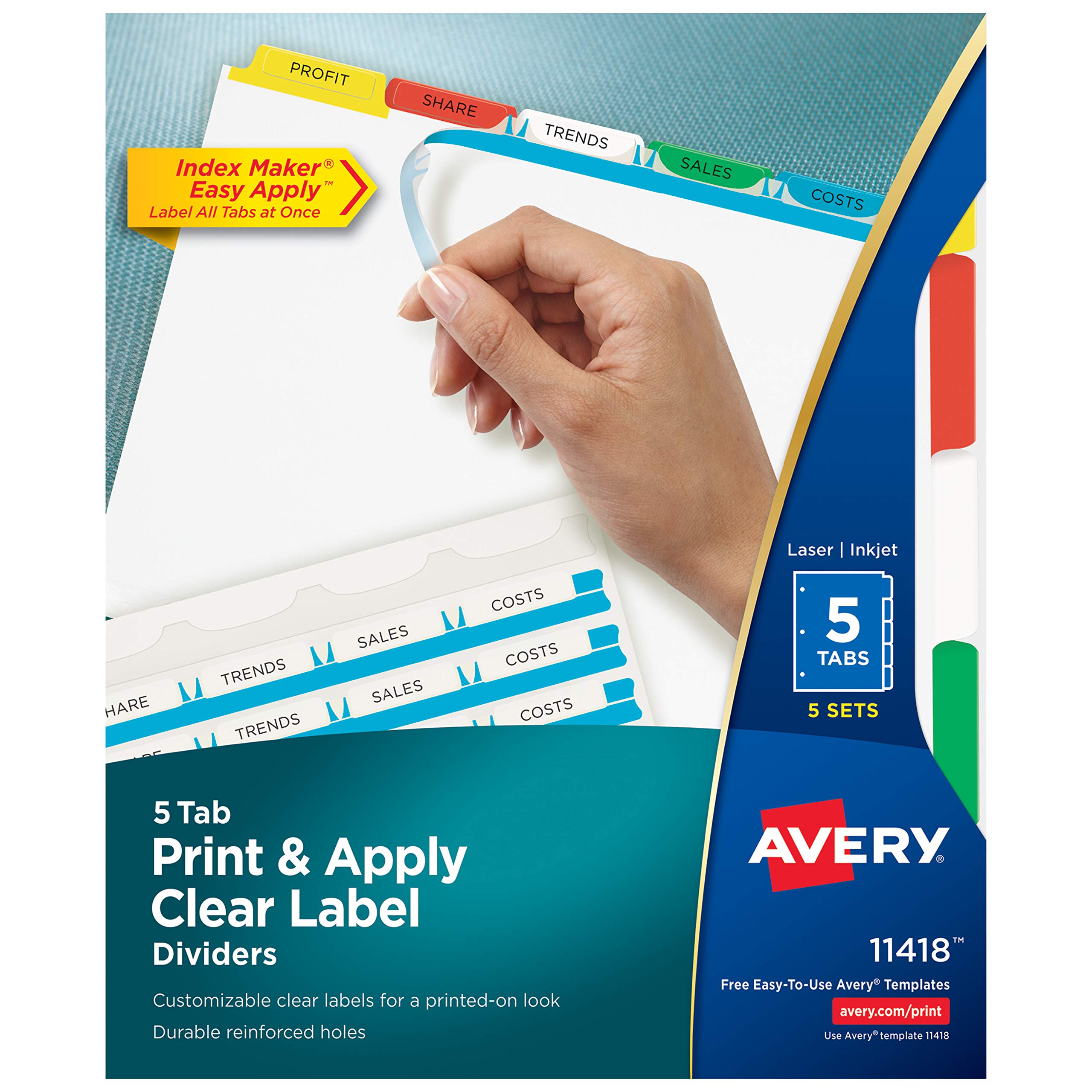 Avery 5-Tab Dividers for 3-Ring Binder - Printable Clear Label Strips, Customizable Multicolor Index Tabs (5 Sets, 11418) - Perfect for Office Organization, School Projects & Document Filing