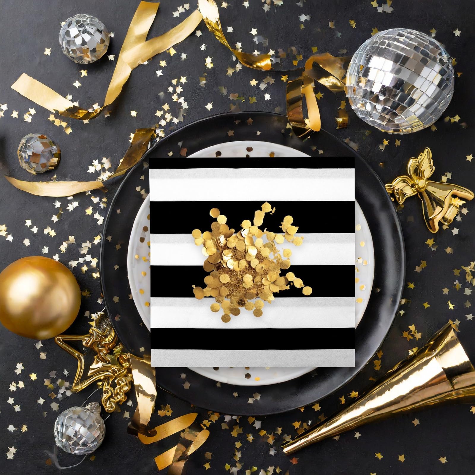 150 Pack Black and White Striped Disposable Paper Napkins - 6.5x6.5 Inch Elegant Party Napkins for Birthday, Baby Shower, Graduation, Wedding, Dinner & Holiday Celebrations