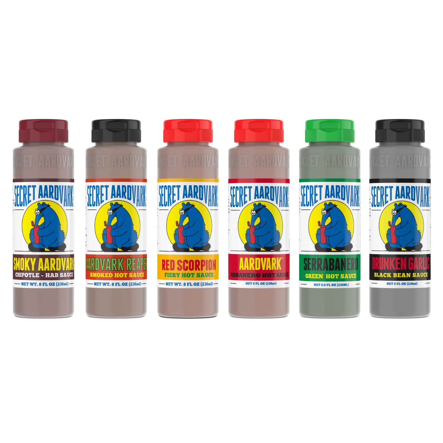 Secret Aardvark Hot Sauce Variety Pack - 6 Bottles (8 fl oz Each) | Smoky Chipotle, Reaper, Red Scorpion, Drunken Garlic, Serrabanero & Habanero | Low Carb, Gluten-Free | Perfect for Tacos, Wings, Burgers & Marinades | Spicy Gift Set for Hot Sauce Lovers