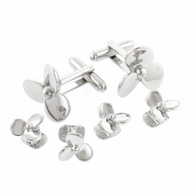 Silver Plated Propeller Cufflinks & Stud Set - Vintage Aviation Style Men's Accessories for Formal Wear & Gifts | Perfect for Pilots, Aviation Enthusiasts & Business Professionals