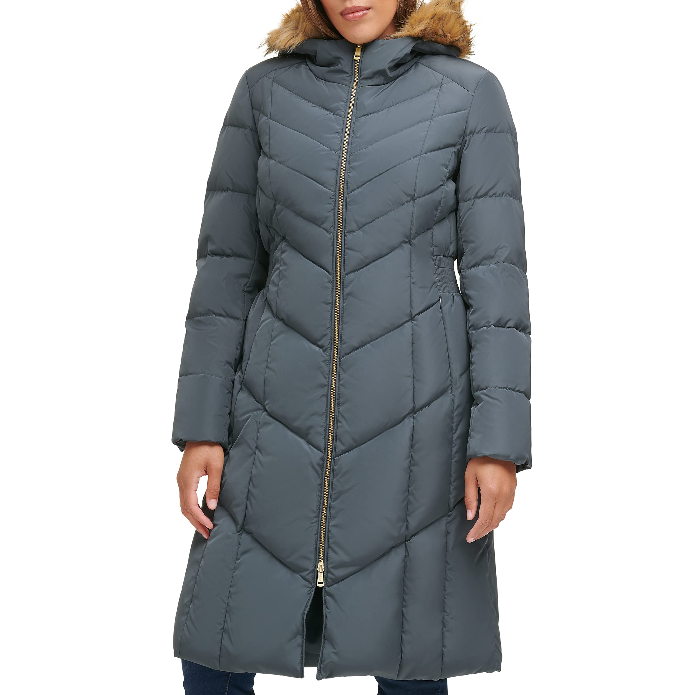Cole Haan Women's Long Taffeta Down Jacket with Chevron Quilt Pattern - Warm Winter Coat for Outdoor Activities & Casual Wear