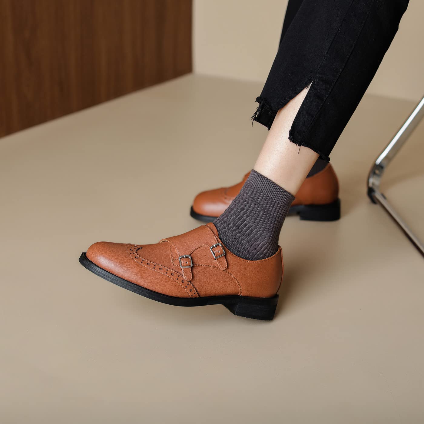 U-lite Women's Monk Strap Dress Shoes - Genuine Sheepskin Leather, Perforated Oxfords with Fashion Buckle for Business & Formal Occasions | Comfortable & Stylish Office & Wedding Shoes