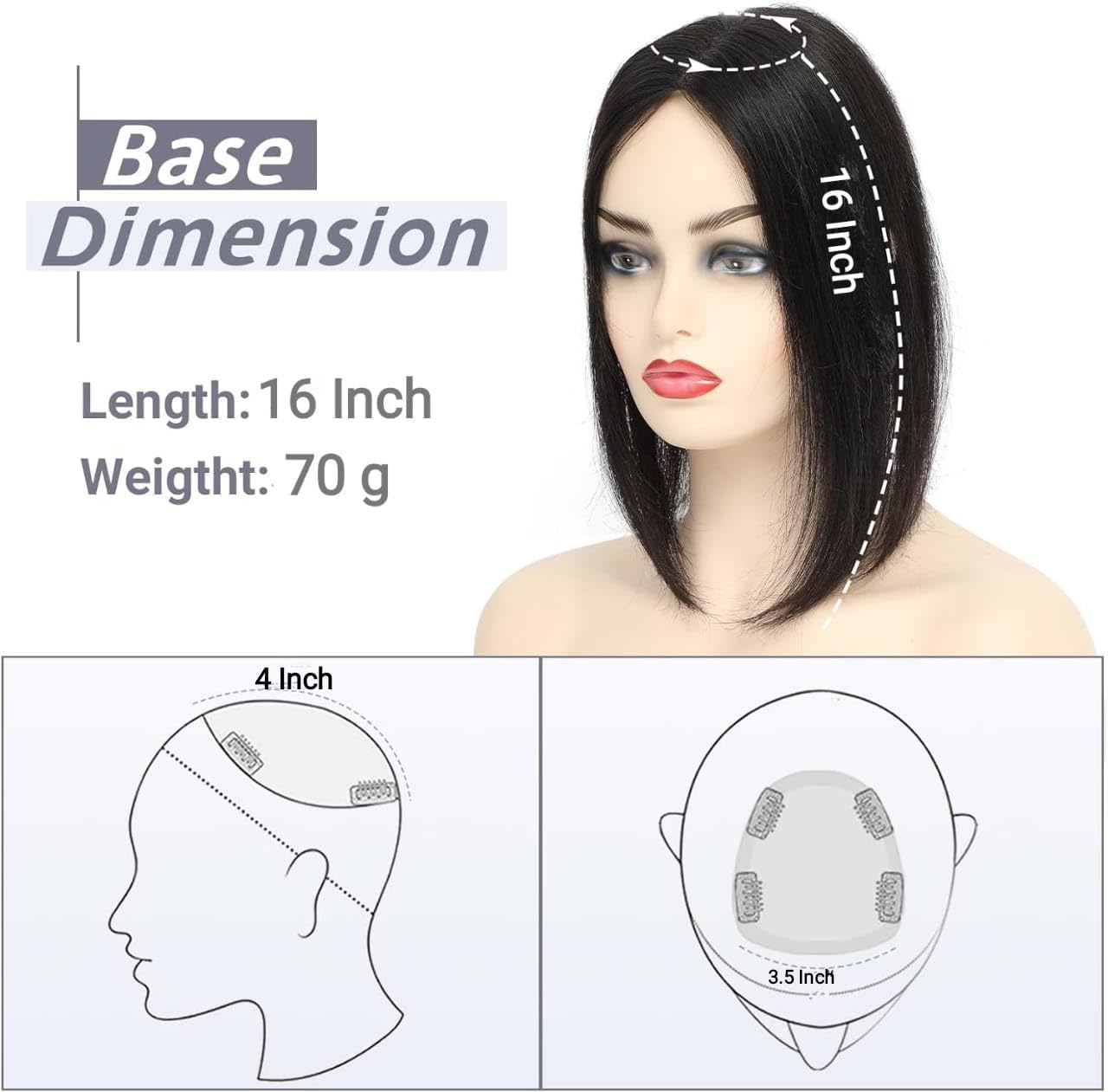 DAZZ LOOK 16 Inch Silk Base Clip-In Hair Topper for Women - Middle Part Human Hair Wig for Thinning Hair & Hair Loss - Soft Jet Black Hair Extension - Perfect for Daily Wear, Special Occasions & Confidence Boost