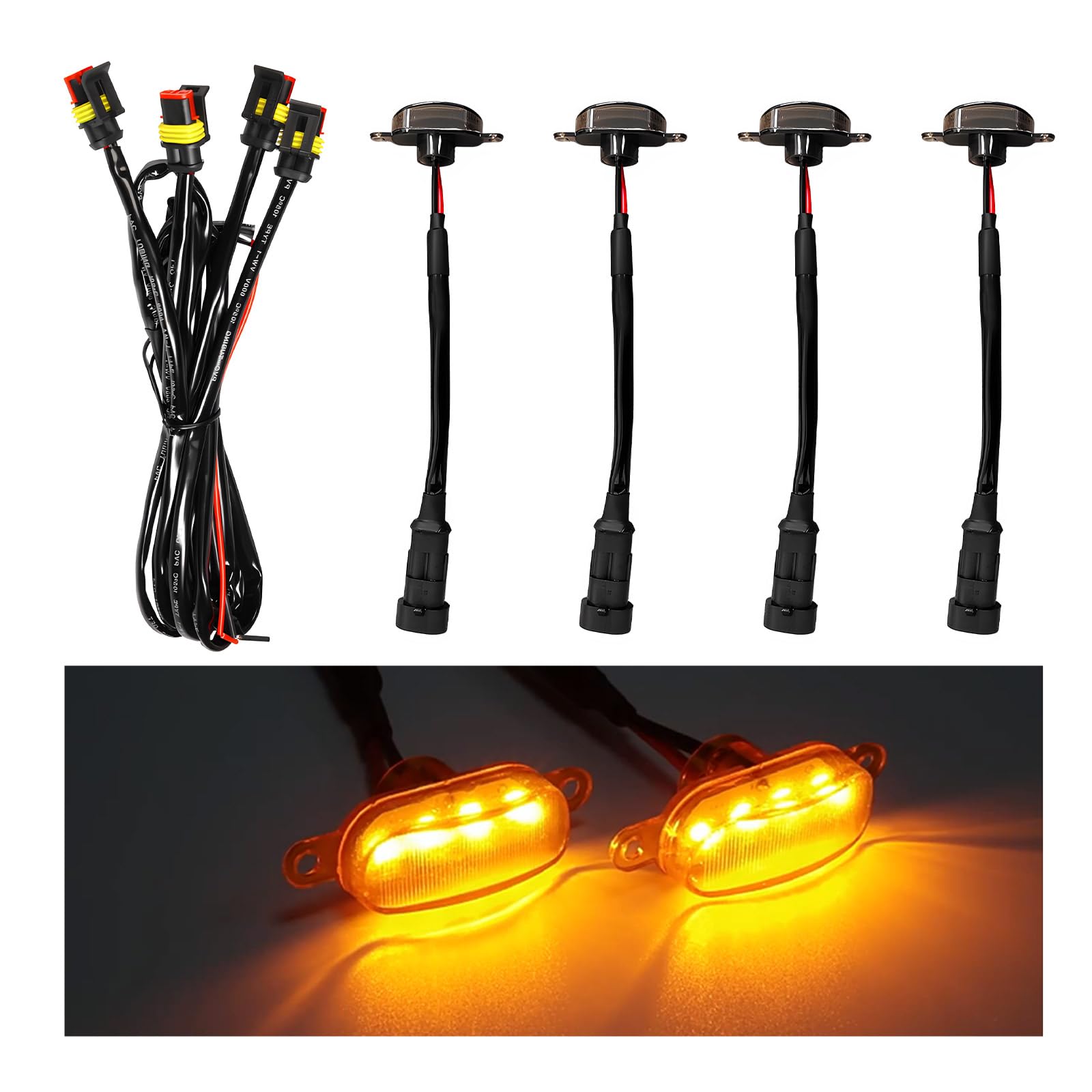 4PCS Amber LED Car Grille Lights - Waterproof Front Grill Trim Lamps with Wiring Harness for Ford F150 F250 F350 - Bright Vehicle Exterior Lighting for Off-Road Trucks & Night Driving (Black & Yellow)