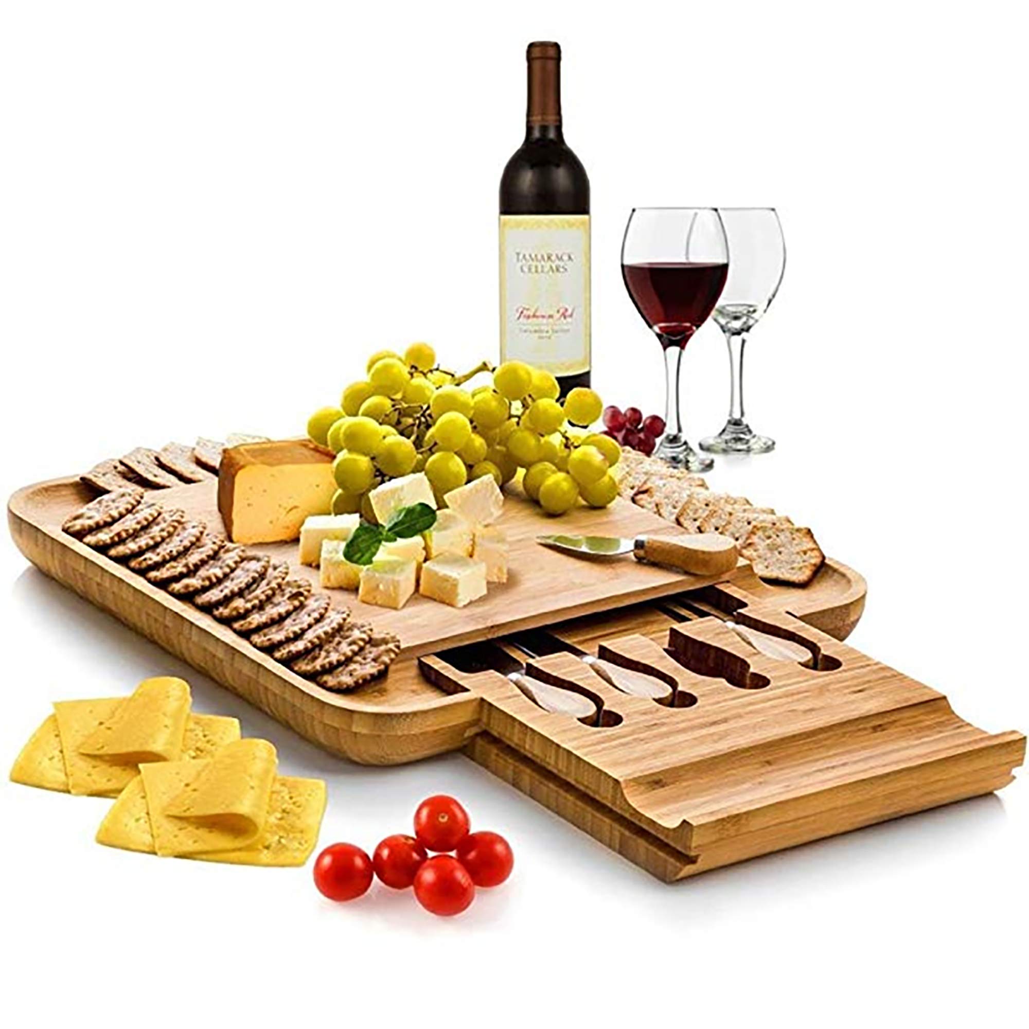 Premium Bamboo Cheese Board Set with Slide-Out Drawer - Wood Charcuterie Platter for Serving Cheese, Meat & Appetizers - Perfect for Christmas, Weddings & Entertaining (Knives Not Included) | Ideal for Dinner Parties, Holiday Gatherings & Charcuterie Displays