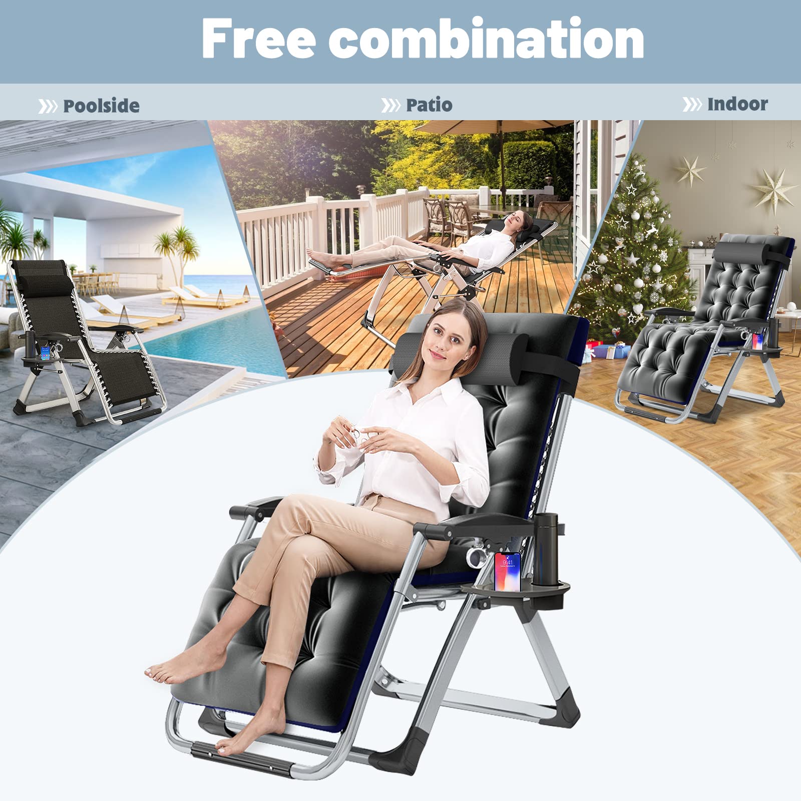 Slsy Zero Gravity Reclining Lounge Chair with Removable Cushion & Side Tray - Adjustable Patio Recliner for Indoor/Outdoor Use - Perfect for Backyard, Poolside, Camping & Relaxation