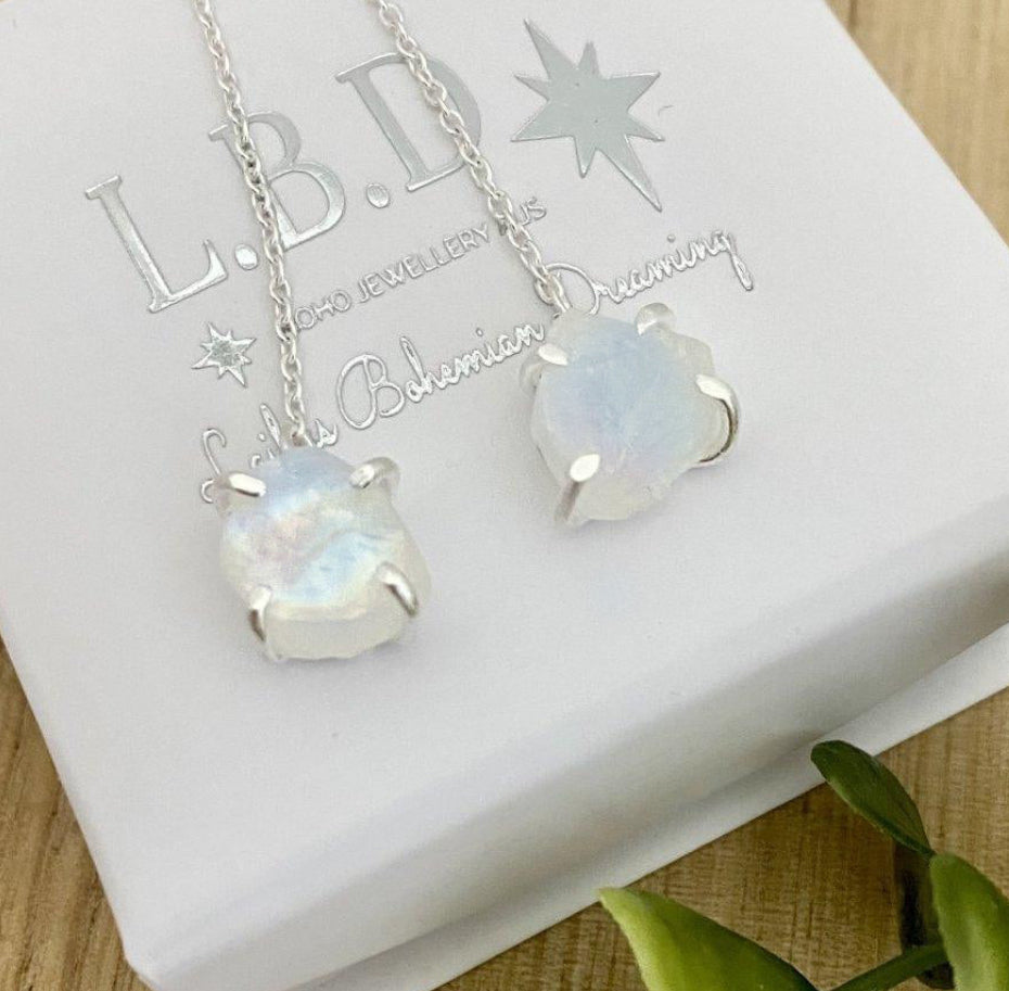 Laihas Raw Moonstone Threader Earrings – Natural Gemstone Boho Jewelry for Women | Perfect for Everyday Wear, Yoga, and Spiritual Healing