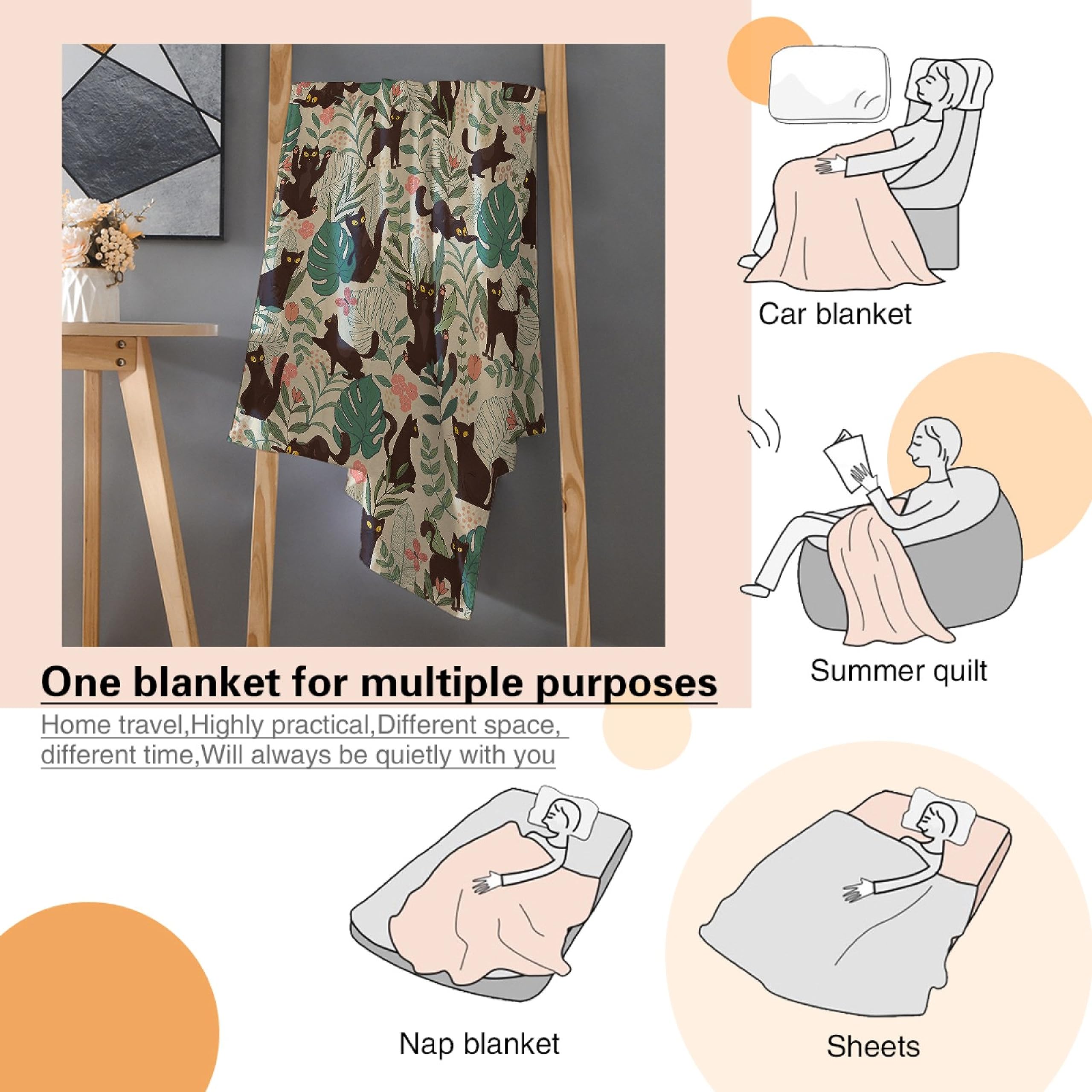 Floral Cat Fleece Blanket - Lightweight Soft Throw Blanket for Bed, Couch, Travel & Outdoor - Cozy Gift for Women, Baby & Pets (30