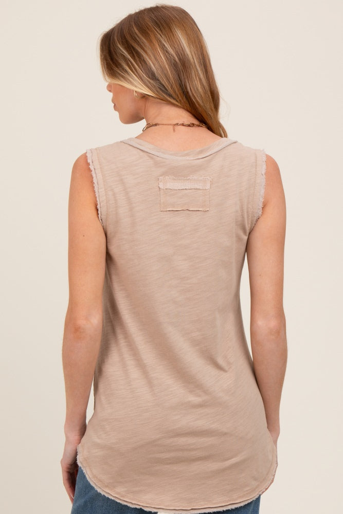 Beige Raw Hem Button Detail Sleeveless Maternity Top for Women - Comfortable Pregnancy Blouse for Casual Wear & Nursing