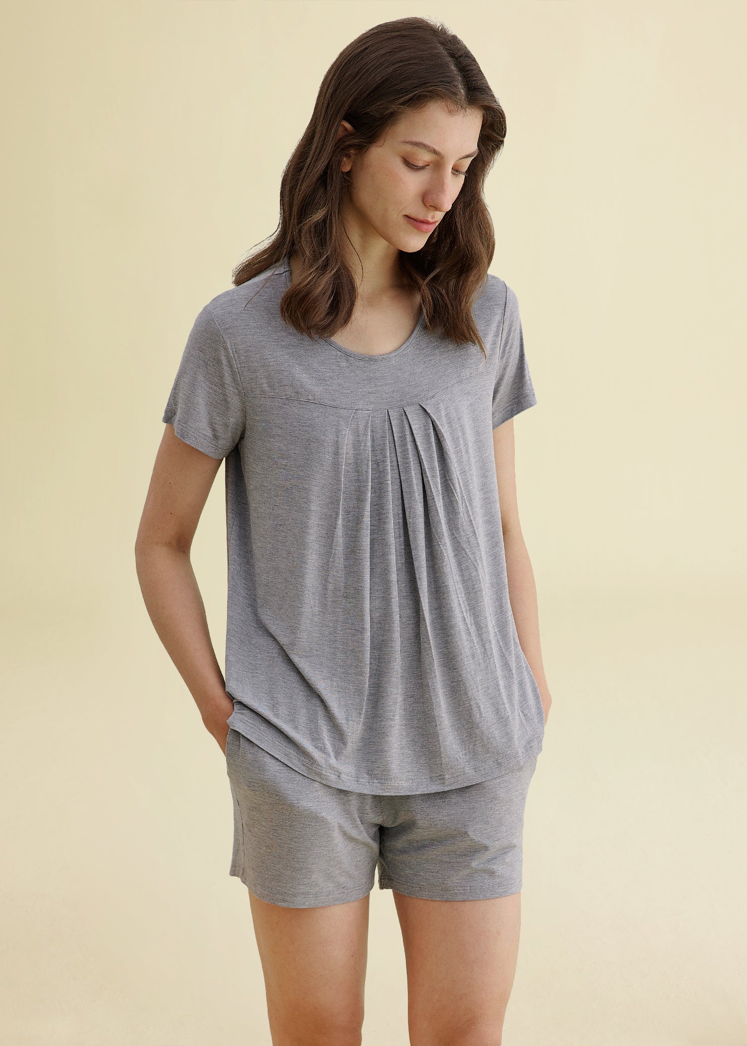 Women's Bamboo Pajama Set - Soft Pleated Loungewear Top & Shorts for Sleep & Relaxation | Perfect for Nightwear, Lounging at Home & Travel Comfort