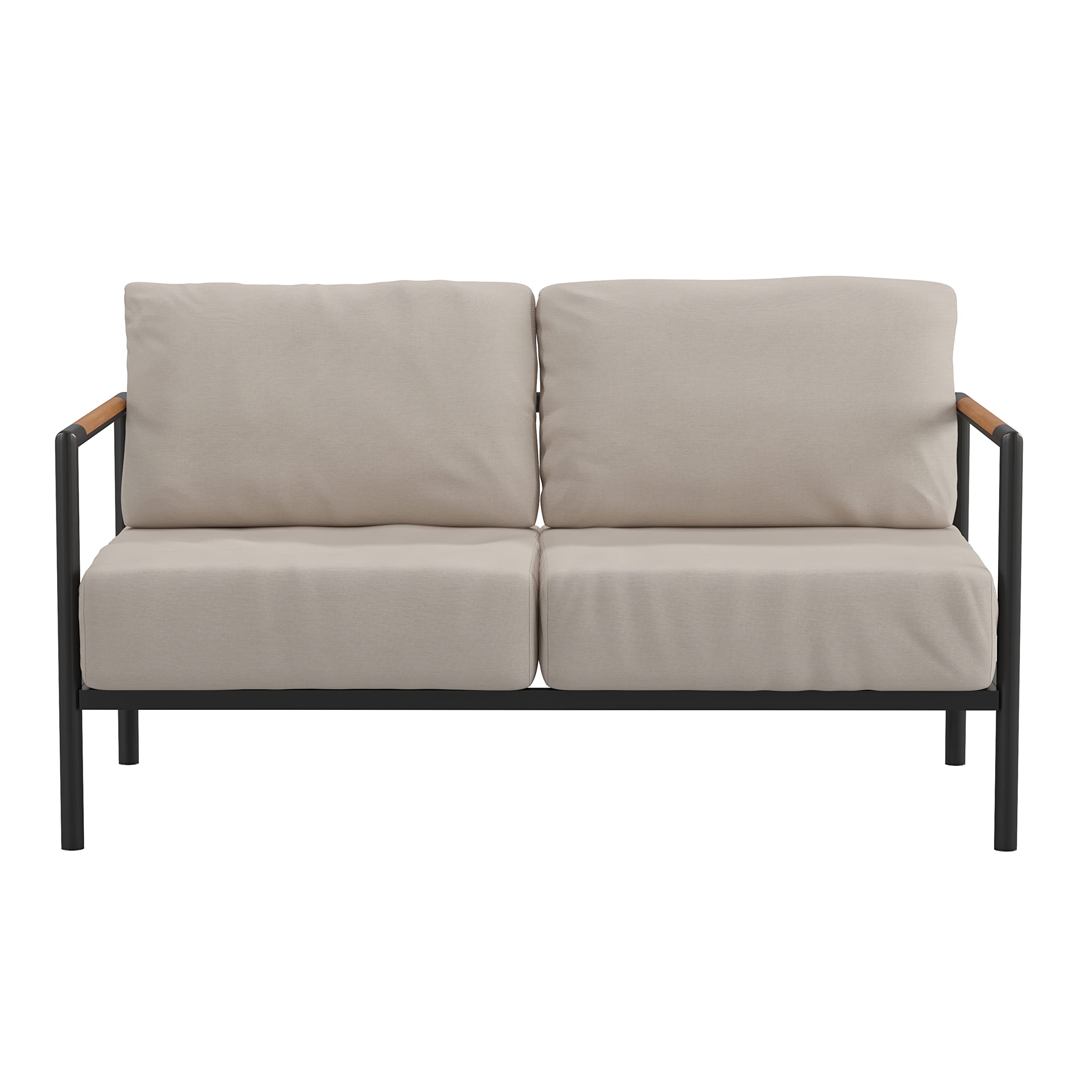 Merrick Lane Eastport Outdoor Loveseat with Removable Beige Fabric Cushions & Black Teak Accented Aluminum Frame - Perfect for Patio, Garden, Poolside or Deck Relaxation