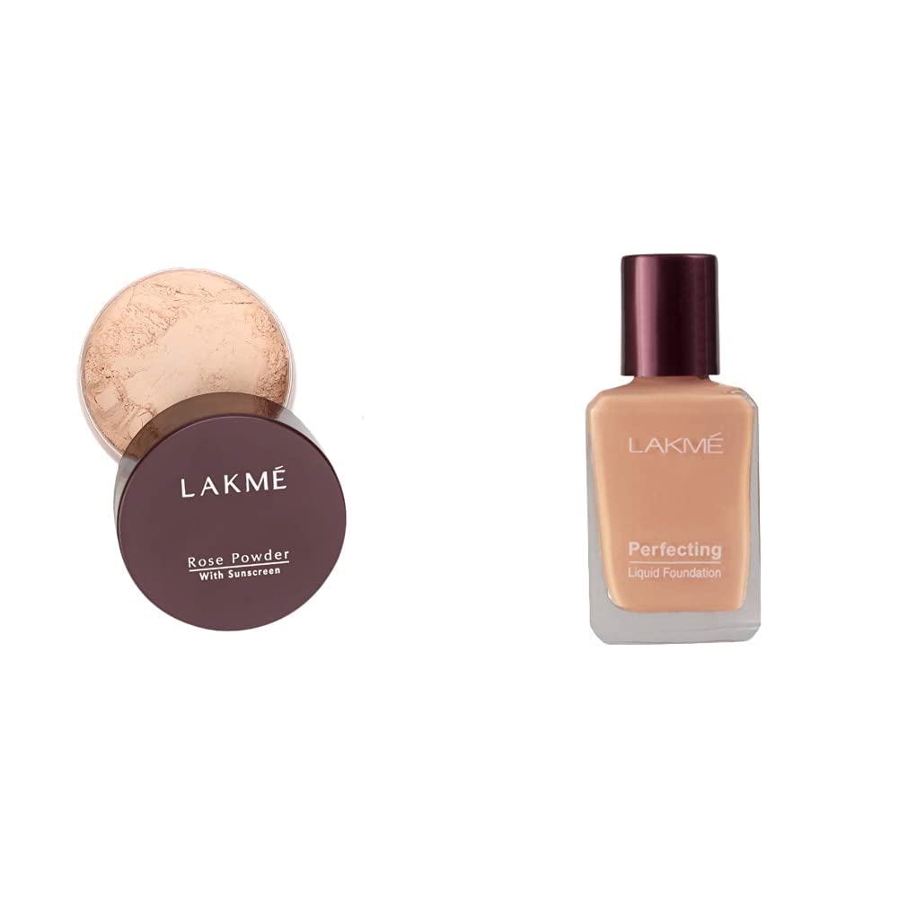 LAKMÉ Rose Natural Face Powder - Medium Coverage for Oily Skin, Soft Pink 40g & Lakme Perfecting Liquid Foundation Marble 27ml | Oil Control Makeup Set for Daily Wear & Special Occasions