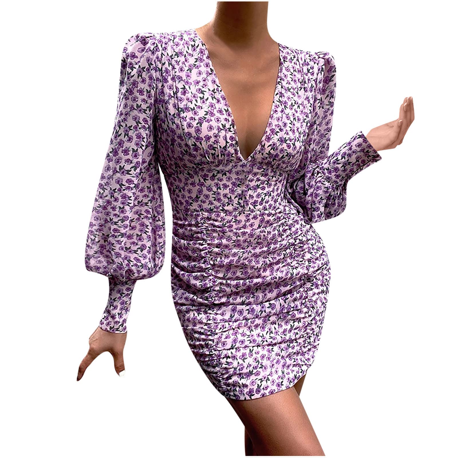 BLVB 2022 Women's Sexy Casual Floral Print V-Neck Long Sleeve Mini Dress - Perfect for Date Night, Party & Everyday Wear