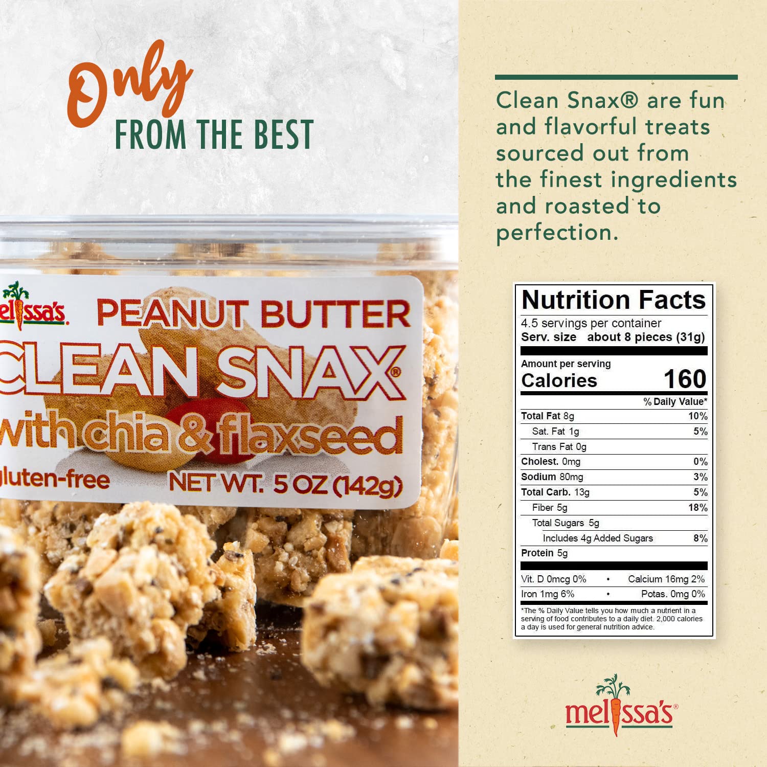 Melissa's Clean Snax® Gluten-Free Healthy Snacks with Chia and Flaxseed - All Natural, No Artificial Flavors, Low Sodium Crispy Snacks (5 Pack, Peanut Butter) - Perfect for Office, School & On-the-Go Healthy Snacking