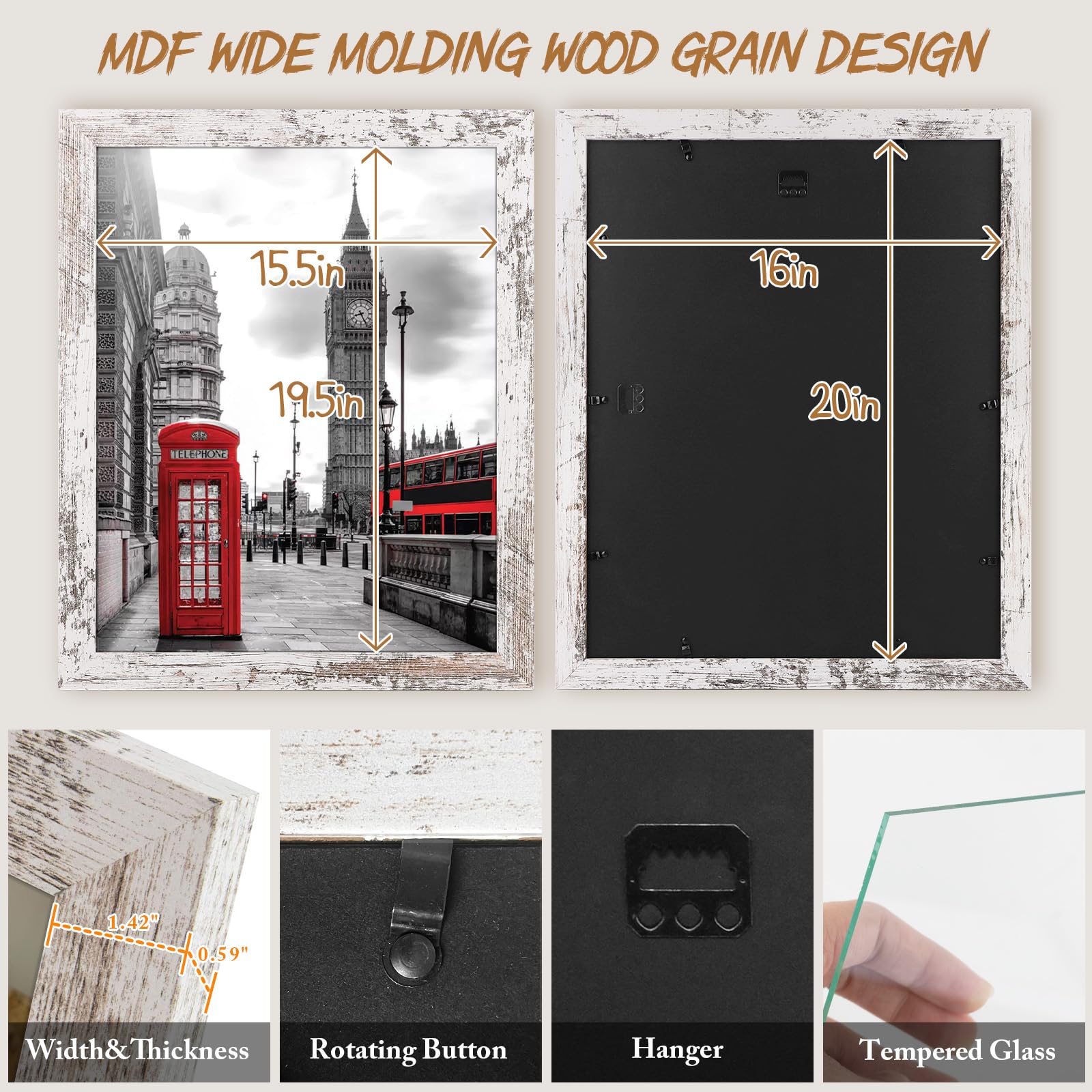 Golden State Art 16x20 Picture Frame - Wood Grain Rustic Style Wall Frame with Wide Molding & Back Hangers - Perfect for Baby Photos, Wedding Portraits, Family Pictures & Home Decor (White, 2 Pack) - Ideal for Living Room, Bedroom & Office Display