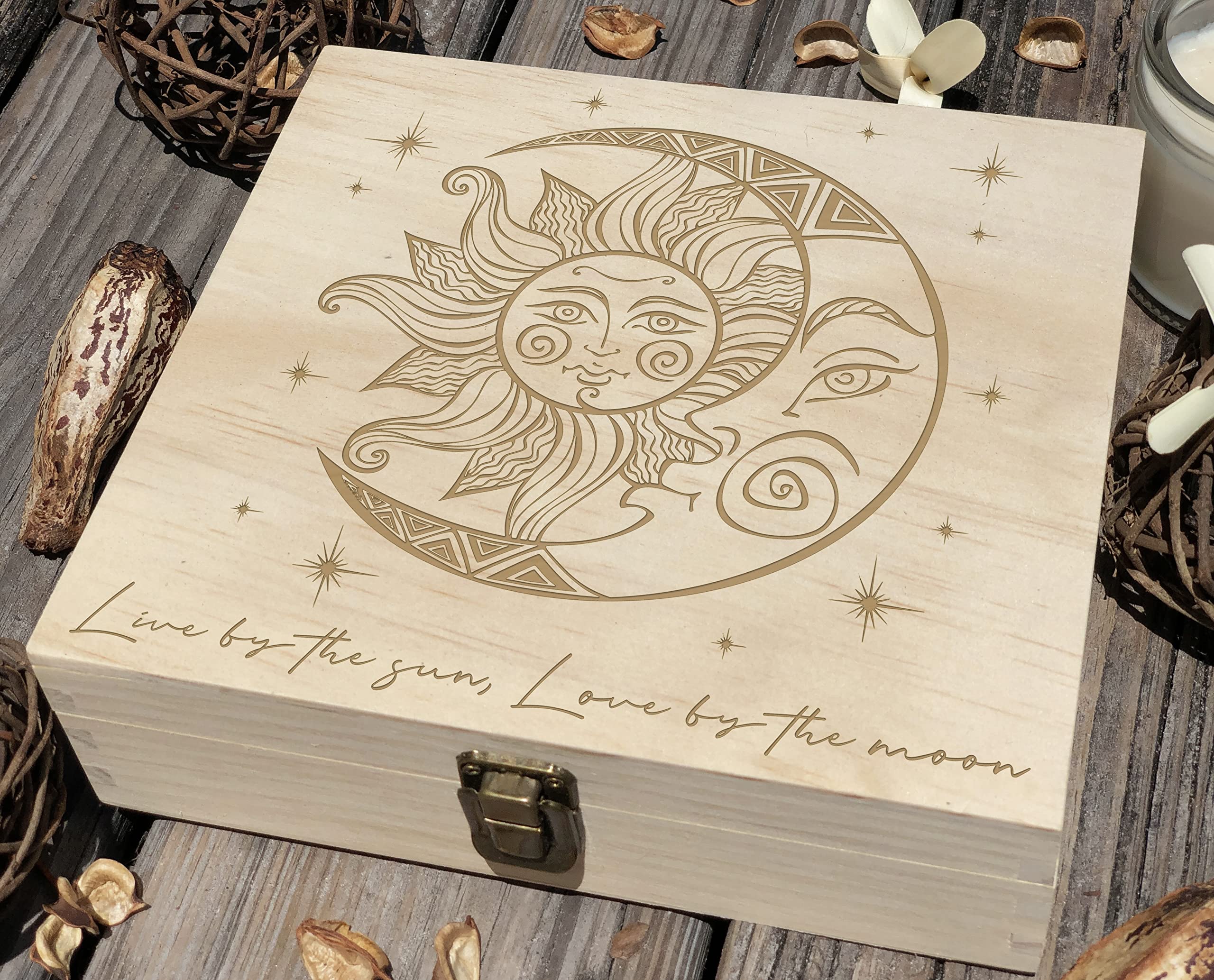 Engraved Wooden Moon Box - 8.5x8x2.5 Inch Crescent Moon Keepsake Chest with Crystal Accents for Tarot Cards, Witchcraft Supplies & Astrology Gifts | Perfect for Spiritual Rituals, Jewelry Storage & Mystical Decor