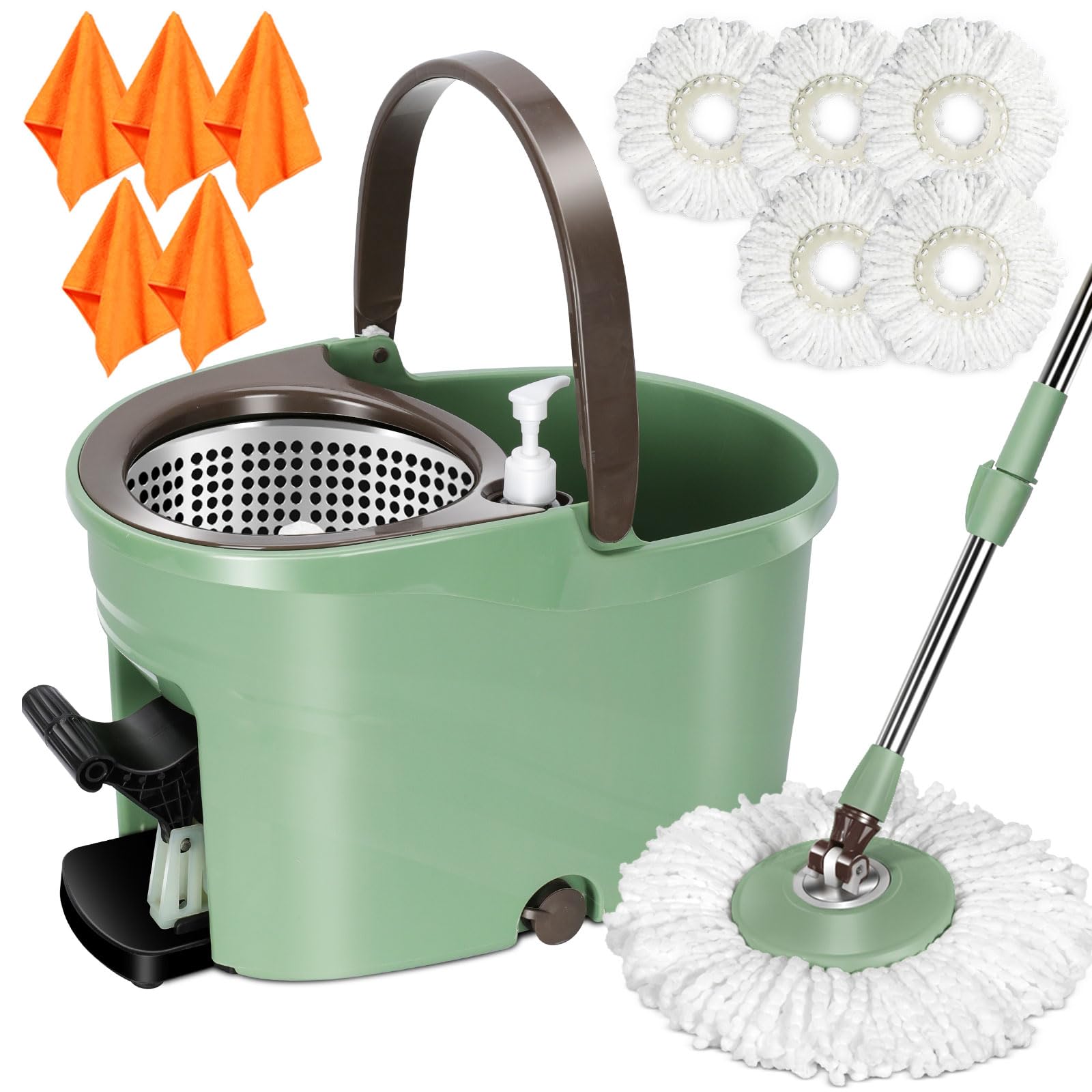 MASTERTOP Spin Mop and Bucket Set with Wringer - Floor Cleaning System with Foot Pedal, Easy Wring Spinning Mop, Adjustable Handle - Includes 5 Microfiber Mop Refills & 5 Cleaning Cloths - Perfect for Hardwood, Laminate & Tile Floors - Ideal for Kitchen, Bathroom & Household Cleaning