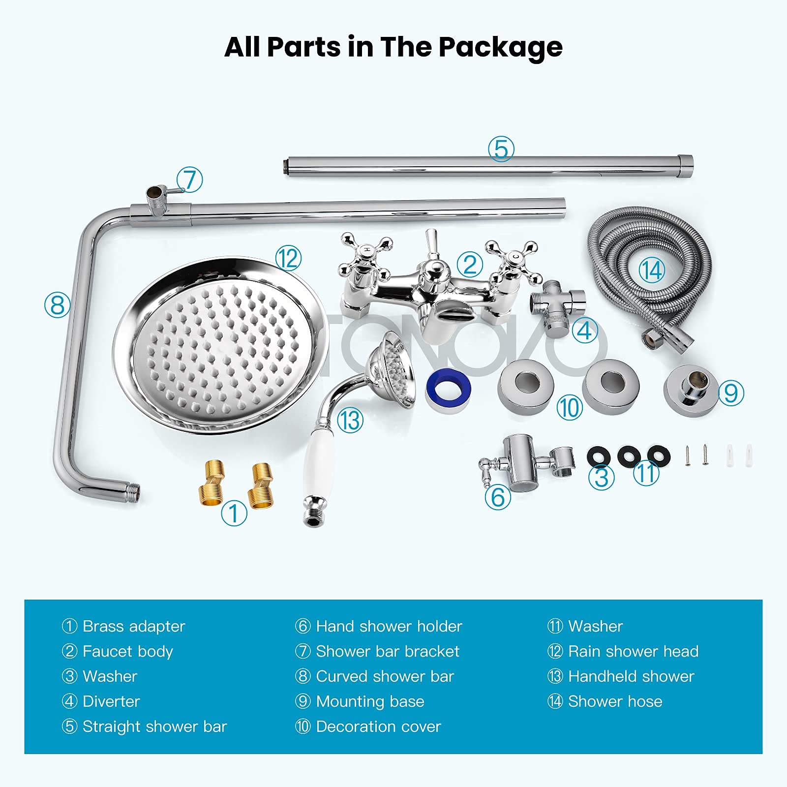 Gotonovo 8 Inch Rainfall Shower System - Polished Chrome Wall Mount Exposed Shower Faucet with Tub Spout, Handheld Spray & Double Cross Handles for Bathroom & Outdoor Use | Perfect for Modern Homes, Spa Retreats & Poolside Showers