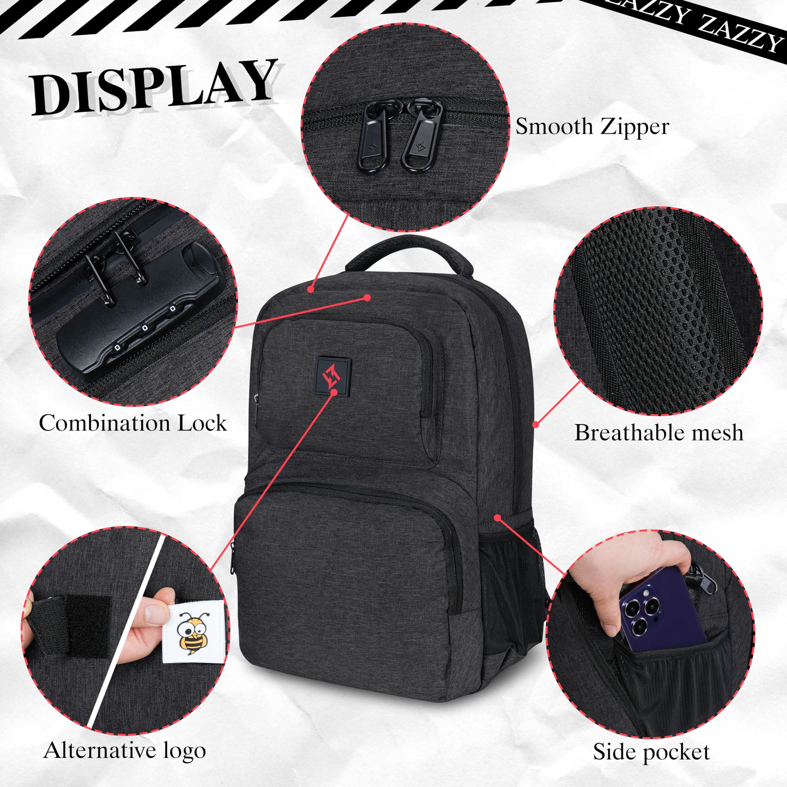 Zazzy Smell Proof Backpack with Combination Lock - Odor Resistant Carbon Fiber Travel Backpack for Men & Women - Perfect for Hiking, Camping & Airport Security