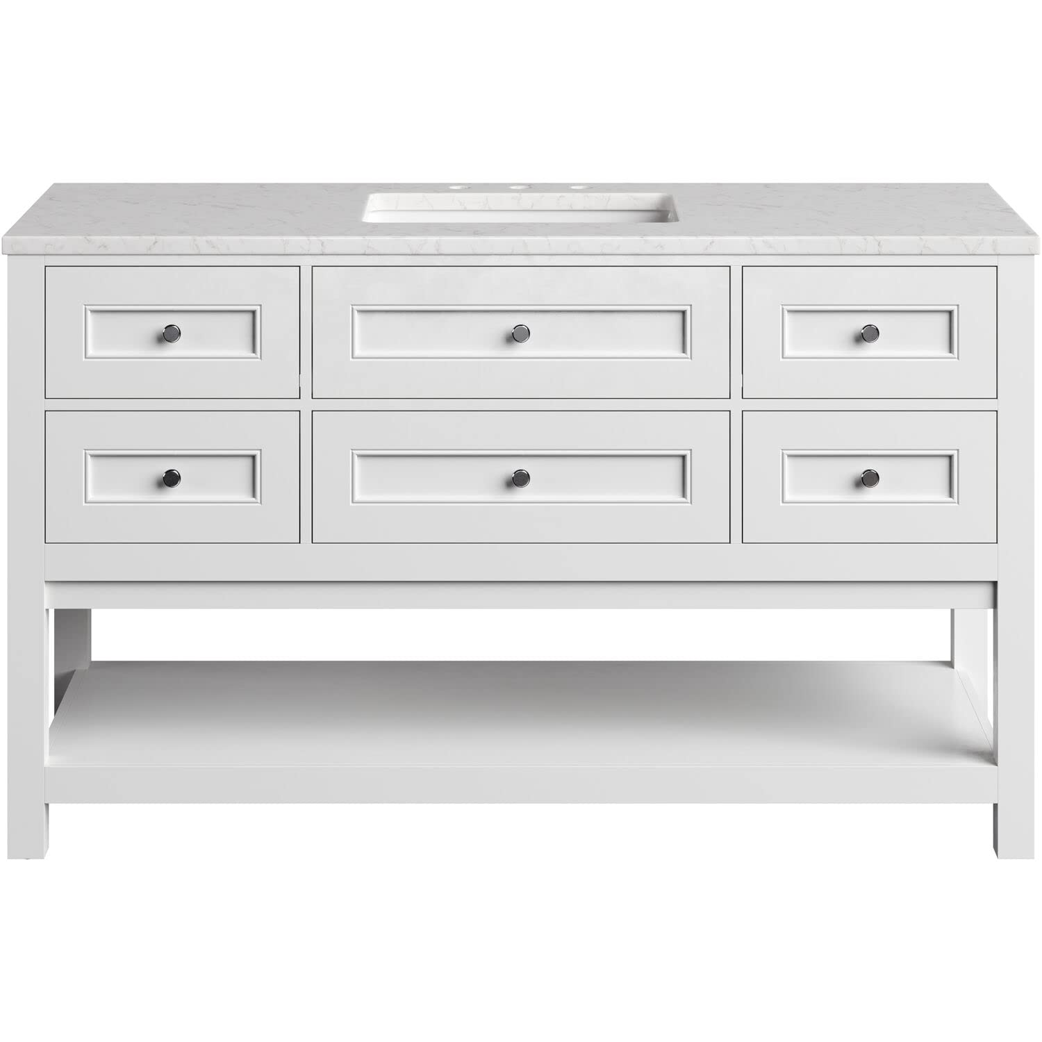 Hanover Roseville 55'' White Bathroom Vanity with Sink Combo - Pre-Assembled 5-Drawer Cabinet with Bottom Shelf & Artificial Stone Countertop - Perfect for Bathroom or Powder Room Makeovers | HANVN0108-55-1WH