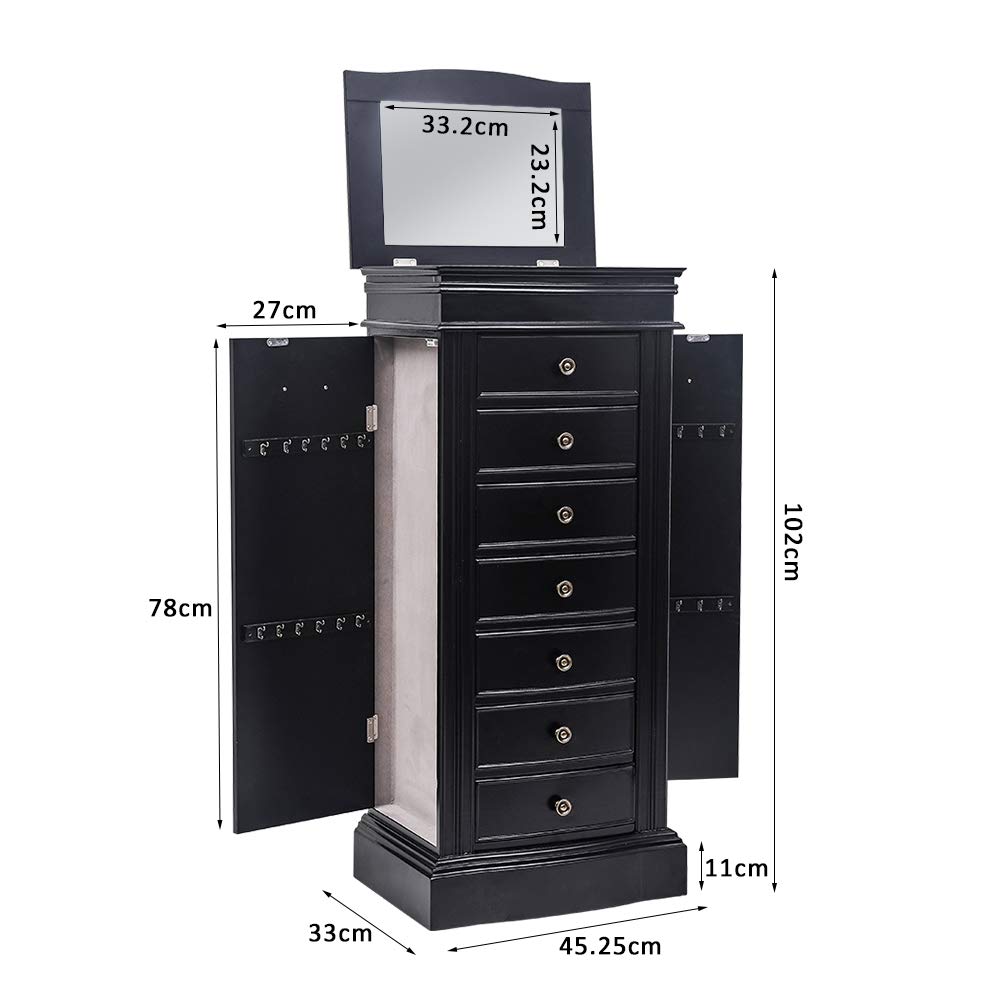 Premium Wooden Jewelry Armoire with 8 Drawers & Full-Length Mirror - Free Standing Jewelry Storage Cabinet Organizer for Necklaces, Bracelets, Earrings, Watches & Cosmetics - Perfect for Bedroom, Closet or Dressing Room Organization