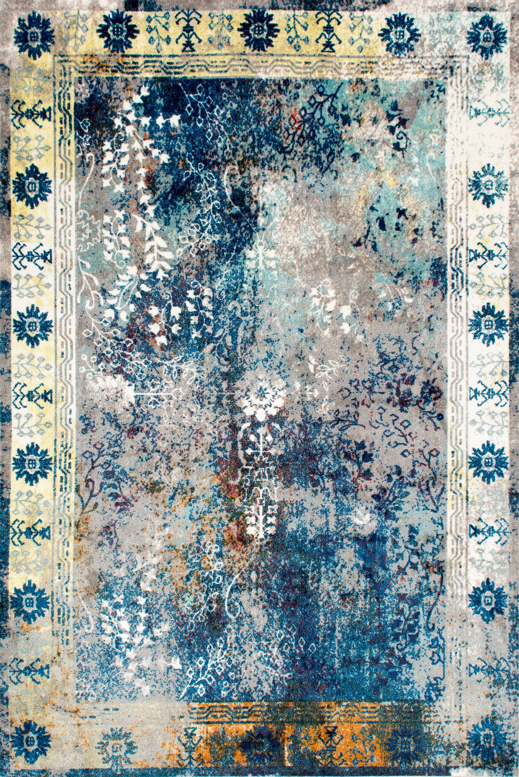 Bleached Frame Area Rug in Blue - Soft Boho Chic Living Room Carpet for Bedroom, Dorm & Home Decor