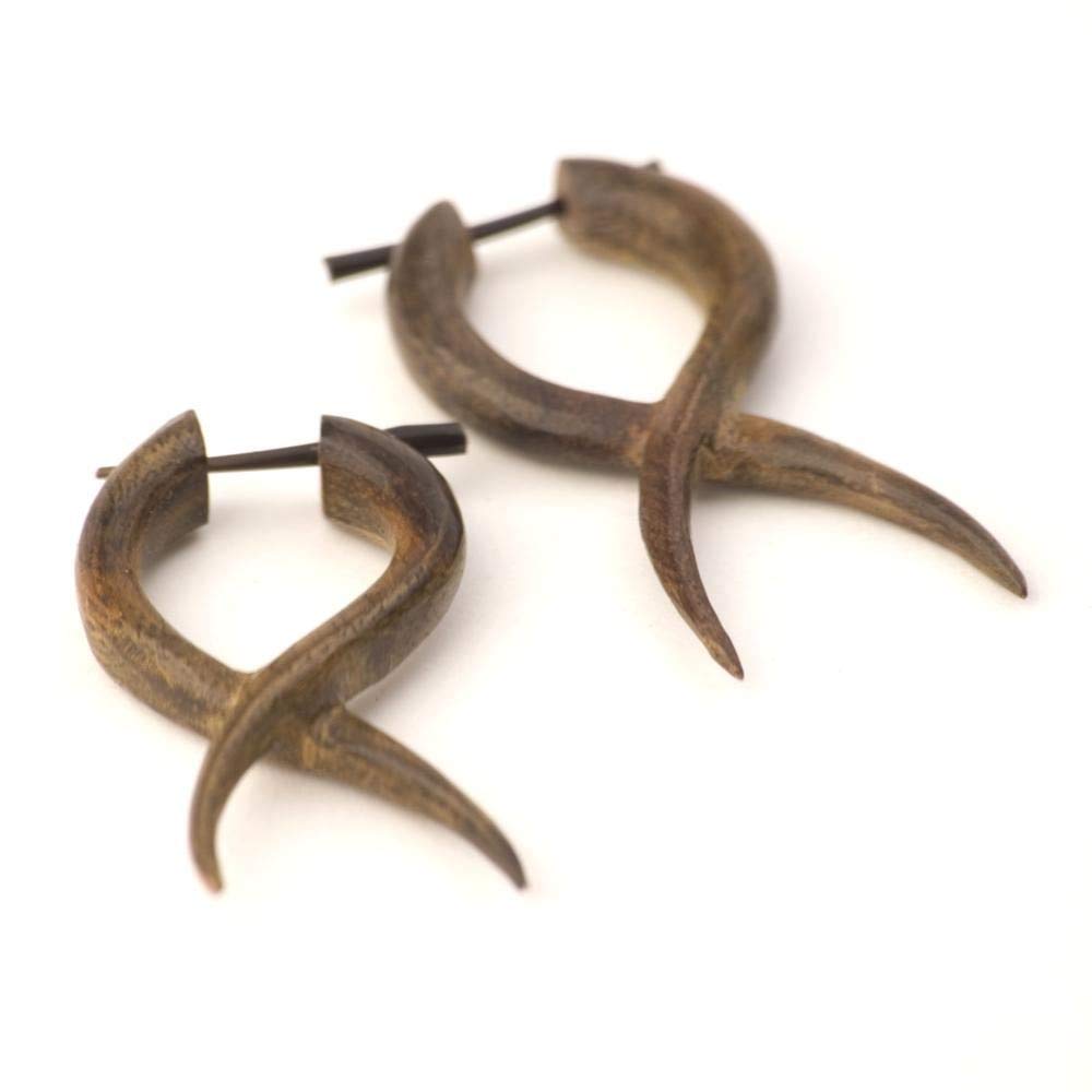 Natural Wood Twist Spike Boho Tribal Earrings for Women & Men - Handmade Wooden Hippie Jewelry - Gothic & Bohemian Accessories - Perfect for Music Festivals, Yoga, and Boho Fashion