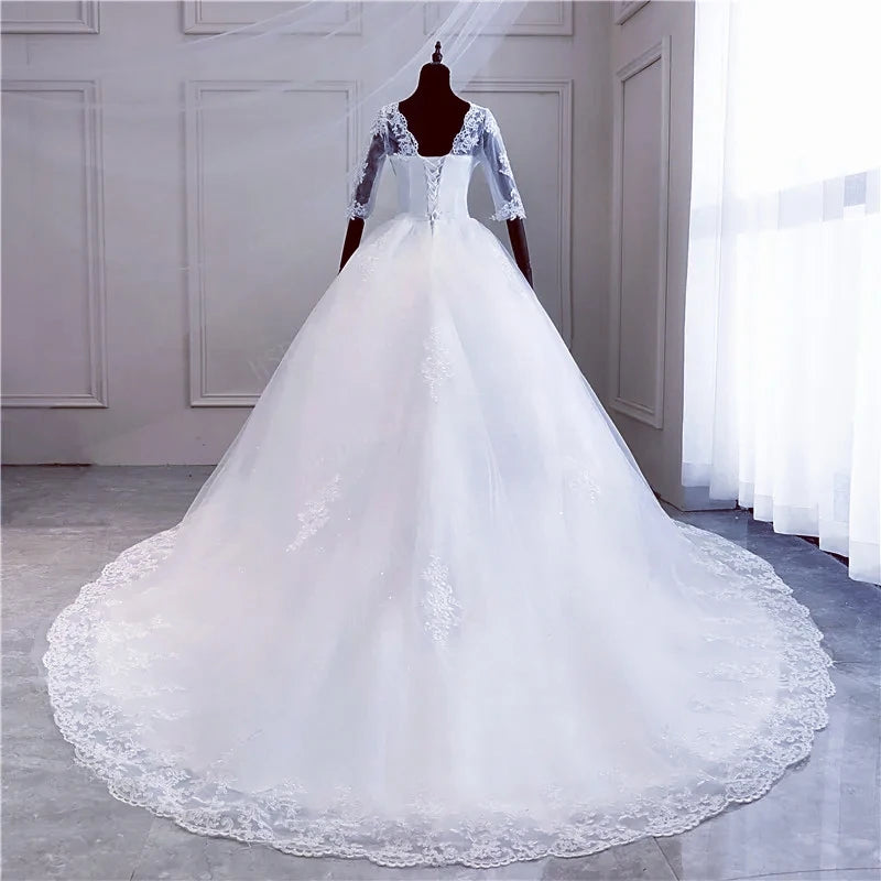 Elegant V-Neck Long Sleeve Plus Size Wedding Dress with Cathedral Train - Perfect for Bridal Ceremonies & Formal Events