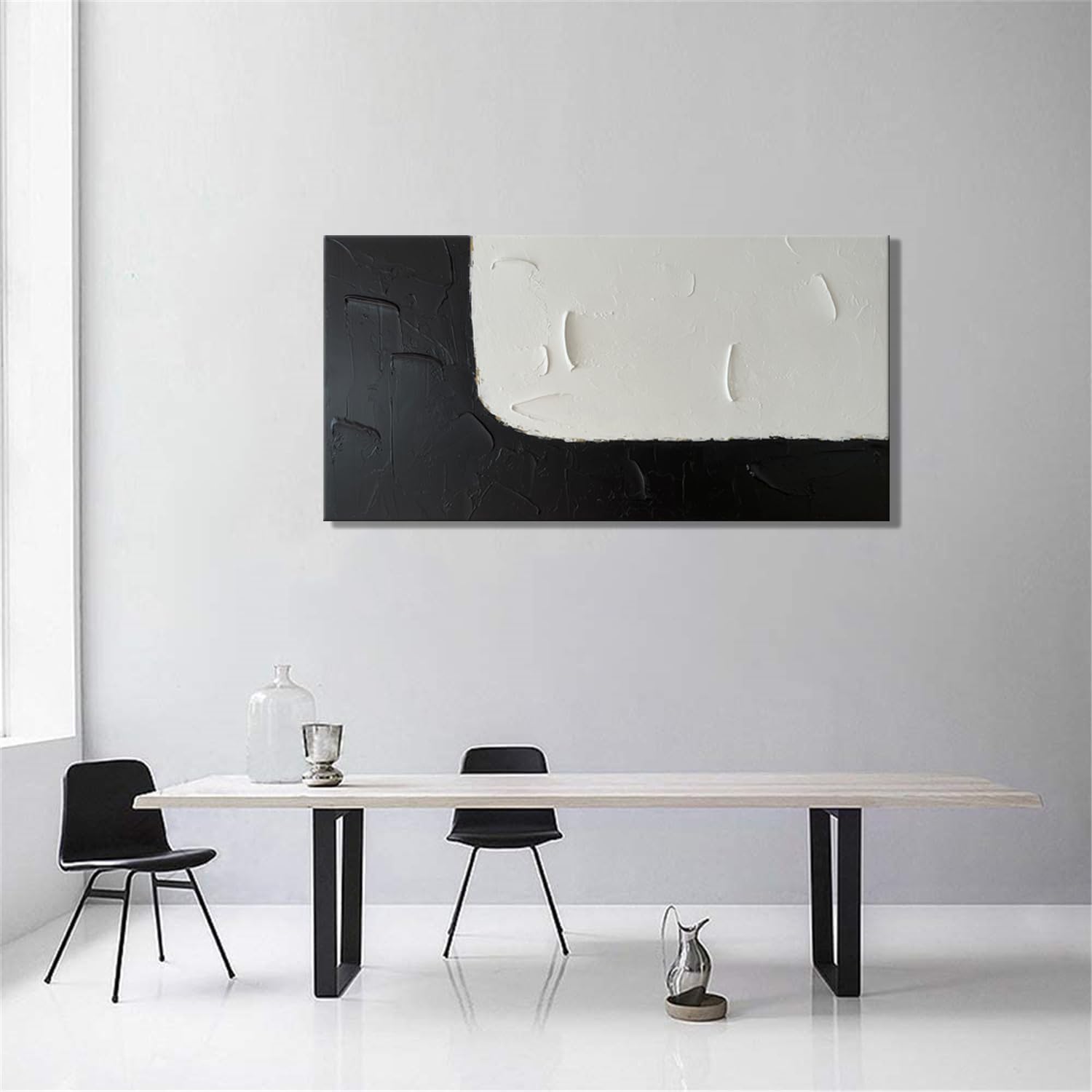 Zoinart Black and White Abstract Oil Painting - 48x24 Inches Modern Textured Canvas Wall Art, Contemporary Minimalist Home Decor for Living Room, Bedroom & Office