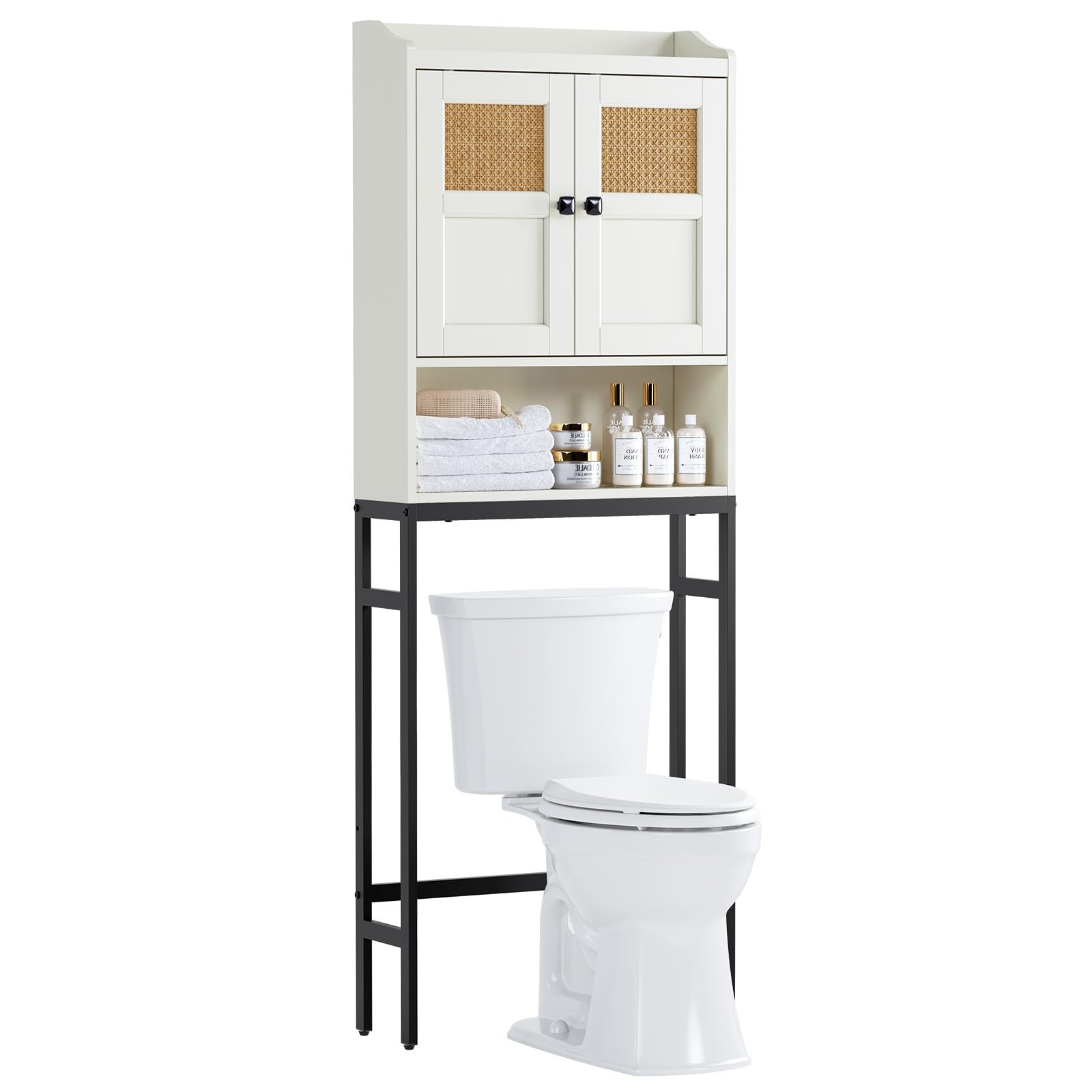 Over The Toilet Storage Cabinet with Rattan Doors - Cream White Bathroom Organizer with Soft Hinges for Above Toilet Space Saving | Perfect for Small Bathrooms, Apartments & Powder Rooms