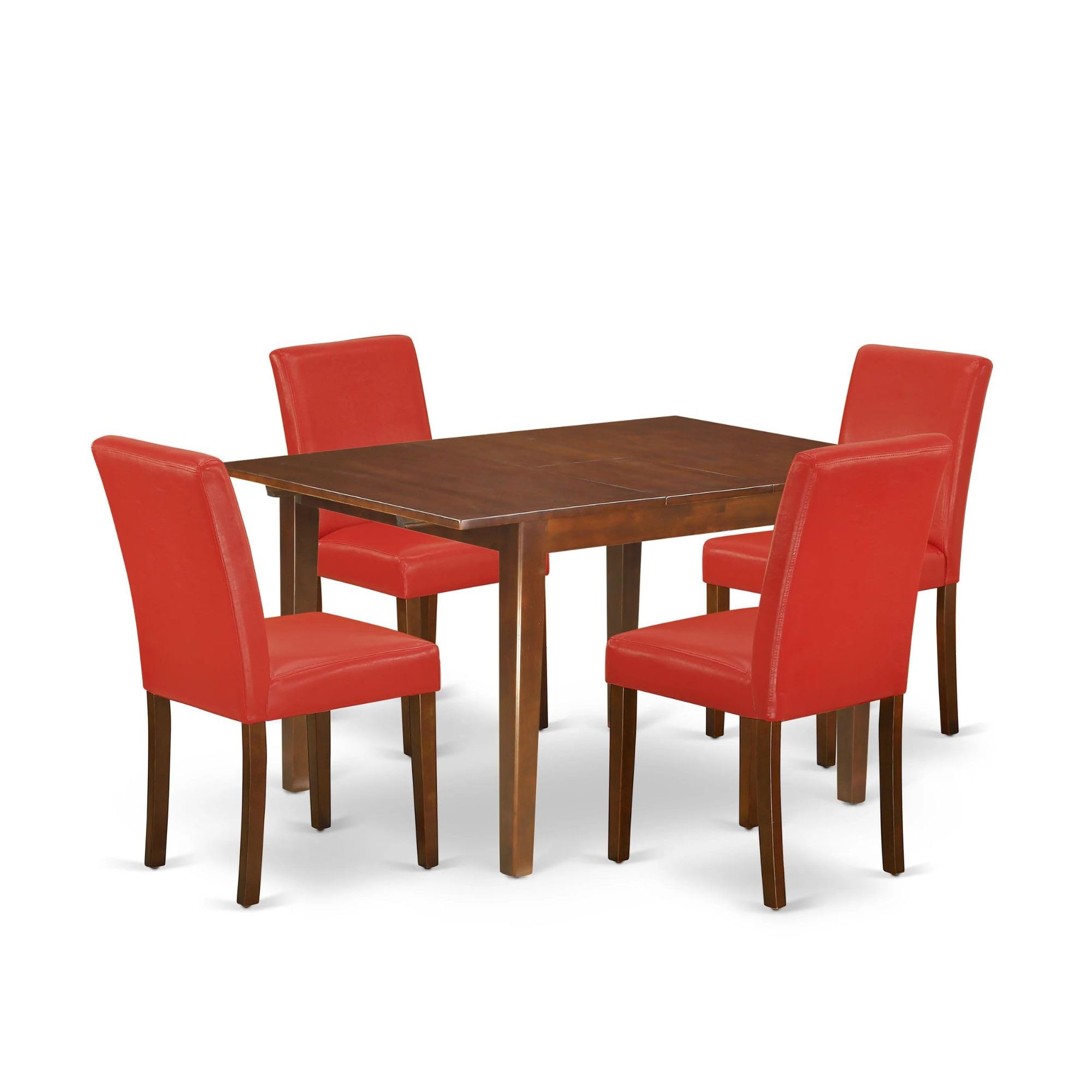 East West Furniture NOAB5-MAH-72 5-Piece Mahogany Dining Set with Extendable Table & 4 Faux Leather Chairs - 32x54 Inch Rectangle Kitchen Table with Butterfly Leaf - Firebrick Red Parson Chairs for Dining Room, Kitchen, Breakfast Nook & Small Space Entertaining