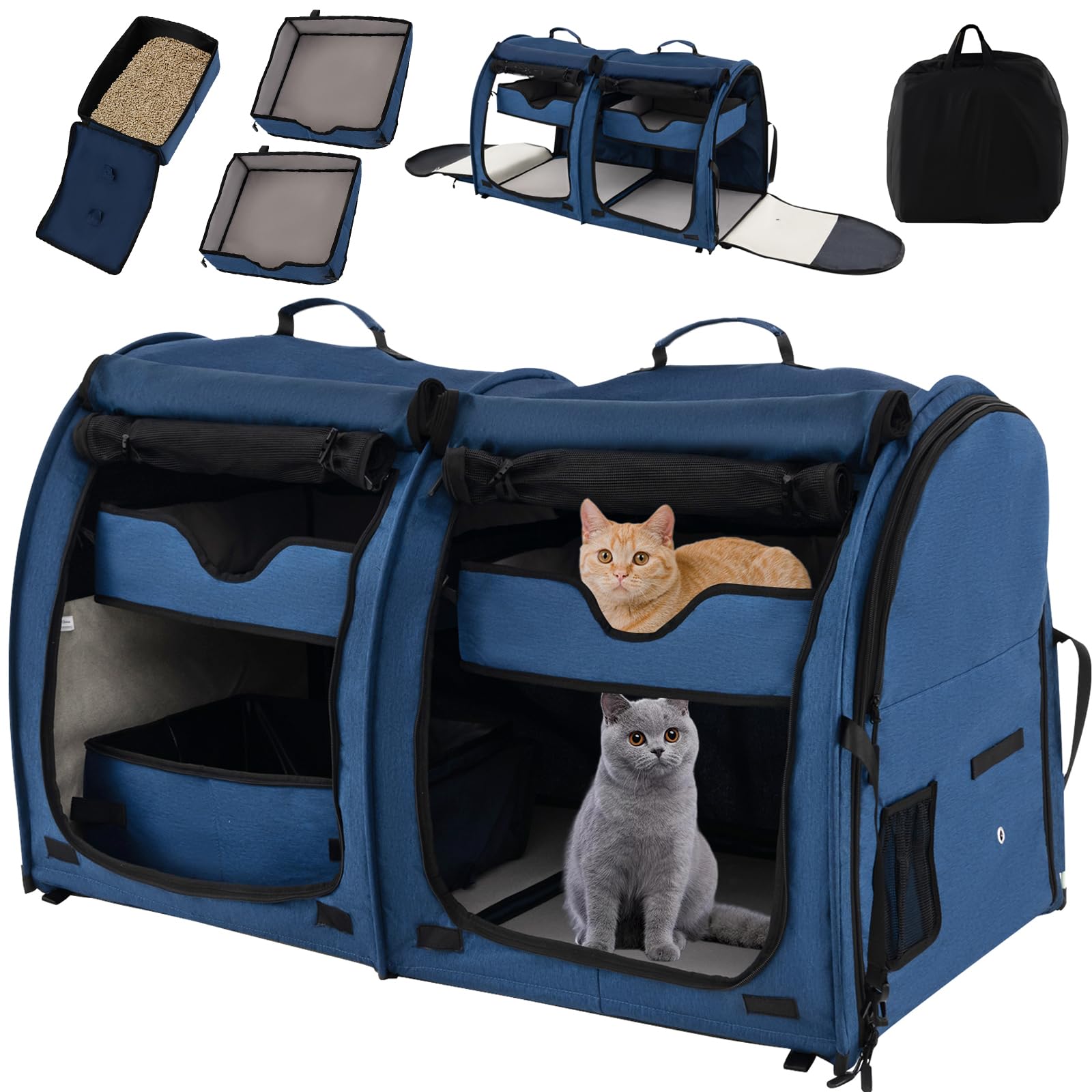 Giantex 40 Inch Large Cat Carrier with Double Compartments - Travel Litter Box Included, 2 Removable Hammocks & Mats - Portable Pet Kennel for Cats & Small Dogs - Comes with Carry Bag - Ideal for Car Travel, Camping & Vet Visits (Navy Blue)