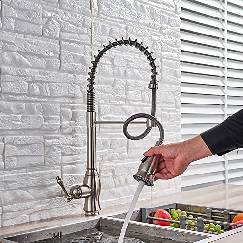 OMOONS Brushed Nickel Single Handle Pull Down Kitchen Faucet - Commercial Grade Bar & Farmhouse Sink Tap with Sprayer - Perfect for Restaurants, Home Kitchens & Outdoor Bars