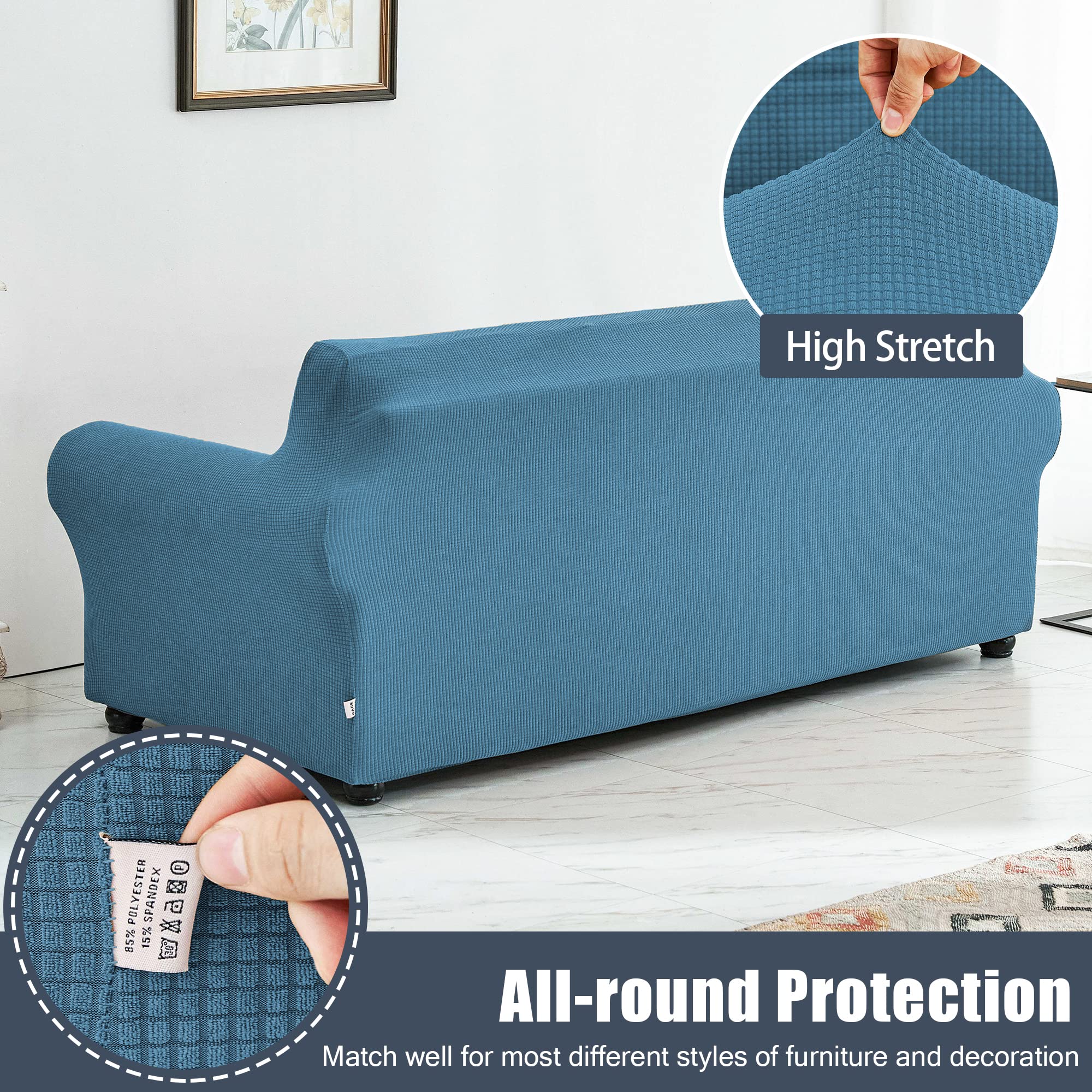 Stretch Sofa Slipcover - Waterproof Couch Cover, Soft Elastic Furniture Protector for Sofa with Non-Slip Bottom - Perfect for Kids & Pets (Denim Blue, Small) - Ideal for Living Room, Family Room & Pet-Friendly Homes
