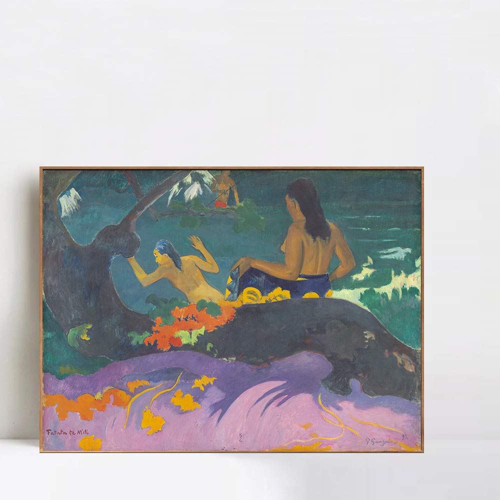 Paul Gauguin Fatata te Miti Framed Canvas Giclee Print Art - 20x24 Inch Wall Decor for Living Room, Bedroom & Office - Tropical Beach Painting with Wood Slim Frame - Perfect for Coastal & Boho Home Decor