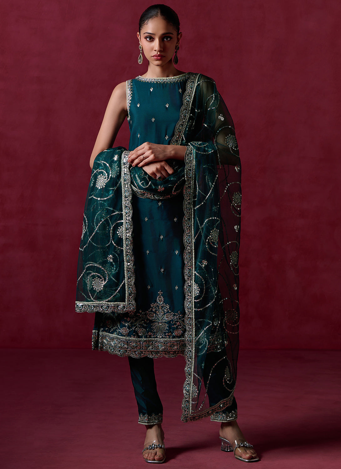 Elegant Green Embroidered Crepe Silk Straight Suit for Women - Perfect for Office Wear, Business Meetings & Formal Events