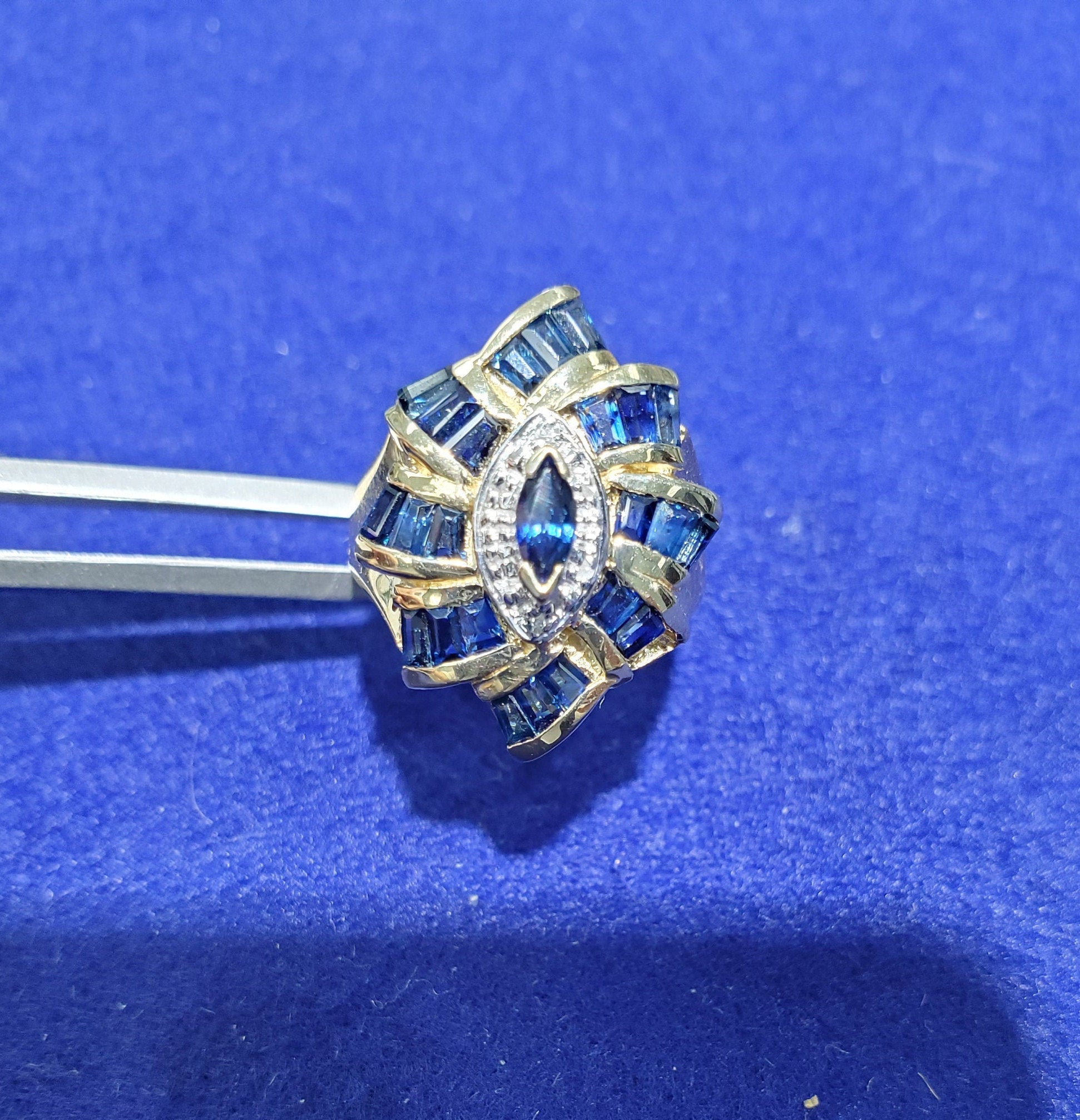 3 Carat Blue Sapphire and Diamond Cocktail Ring in 10K Yellow Gold - Elegant Evening Wear & Special Occasion Jewelry for Women